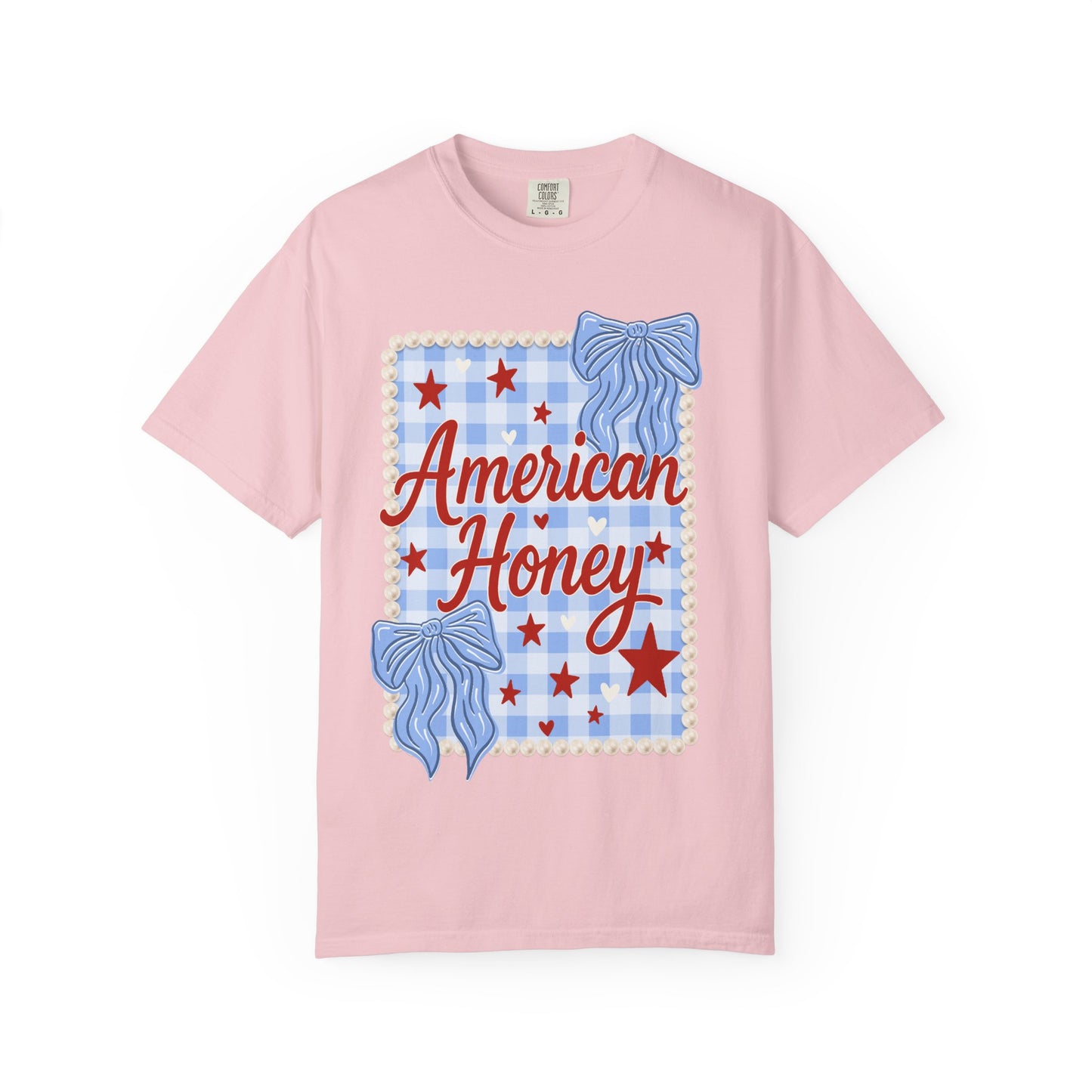American Honey Graphic T-Shirt — Patriotic Blue Gingham Stars & Bows