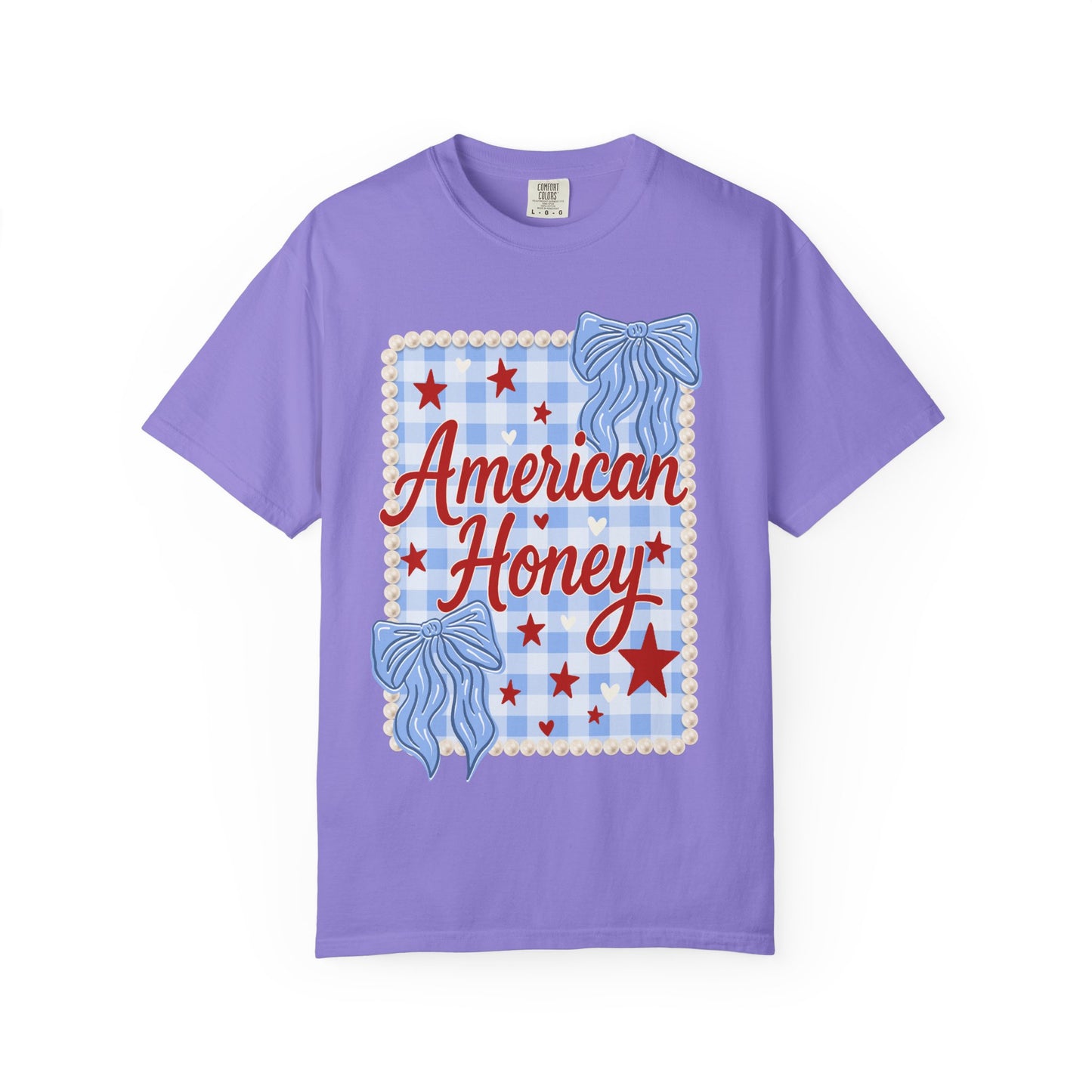 American Honey Graphic T-Shirt — Patriotic Blue Gingham Stars & Bows