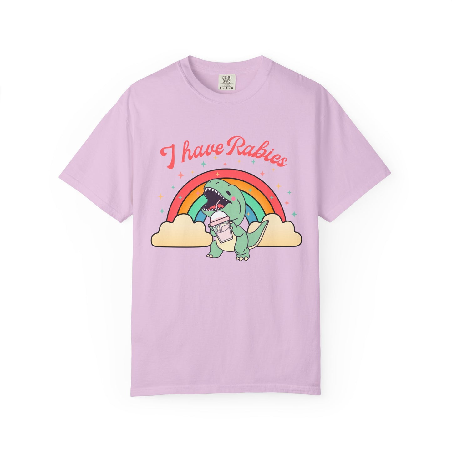 I Have Rabies Dinosaur T-Shirt — Cute Rainbow Dino Holding Vaccine Shot
