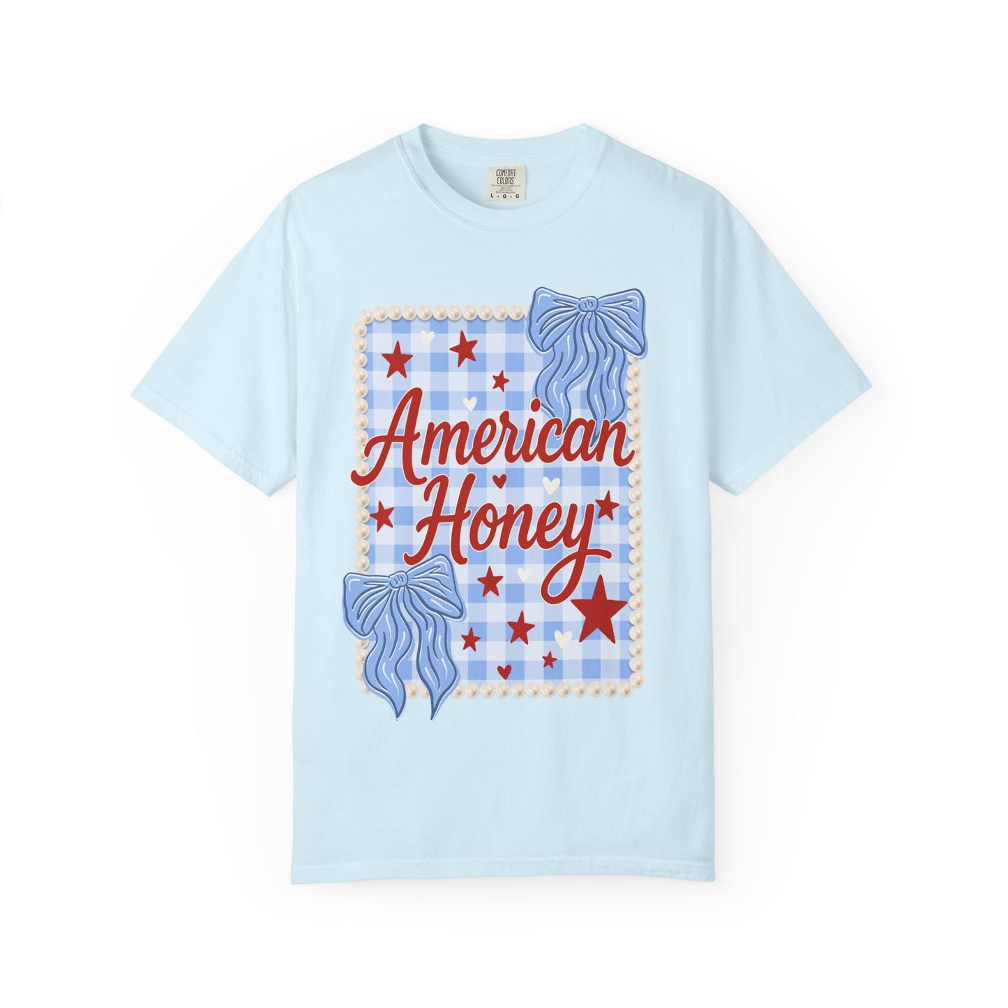 American Honey Graphic T-Shirt — Patriotic Blue Gingham Stars & Bows