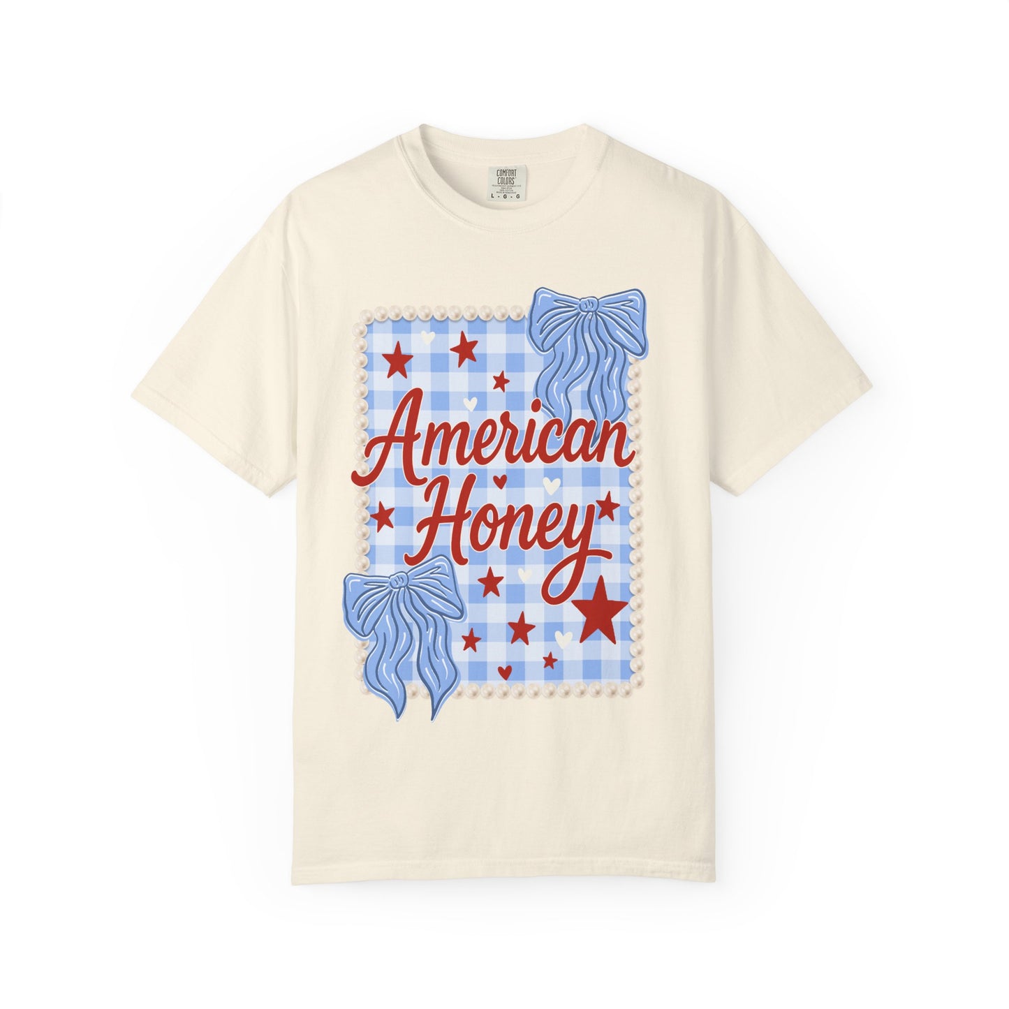 American Honey Graphic T-Shirt — Patriotic Blue Gingham Stars & Bows