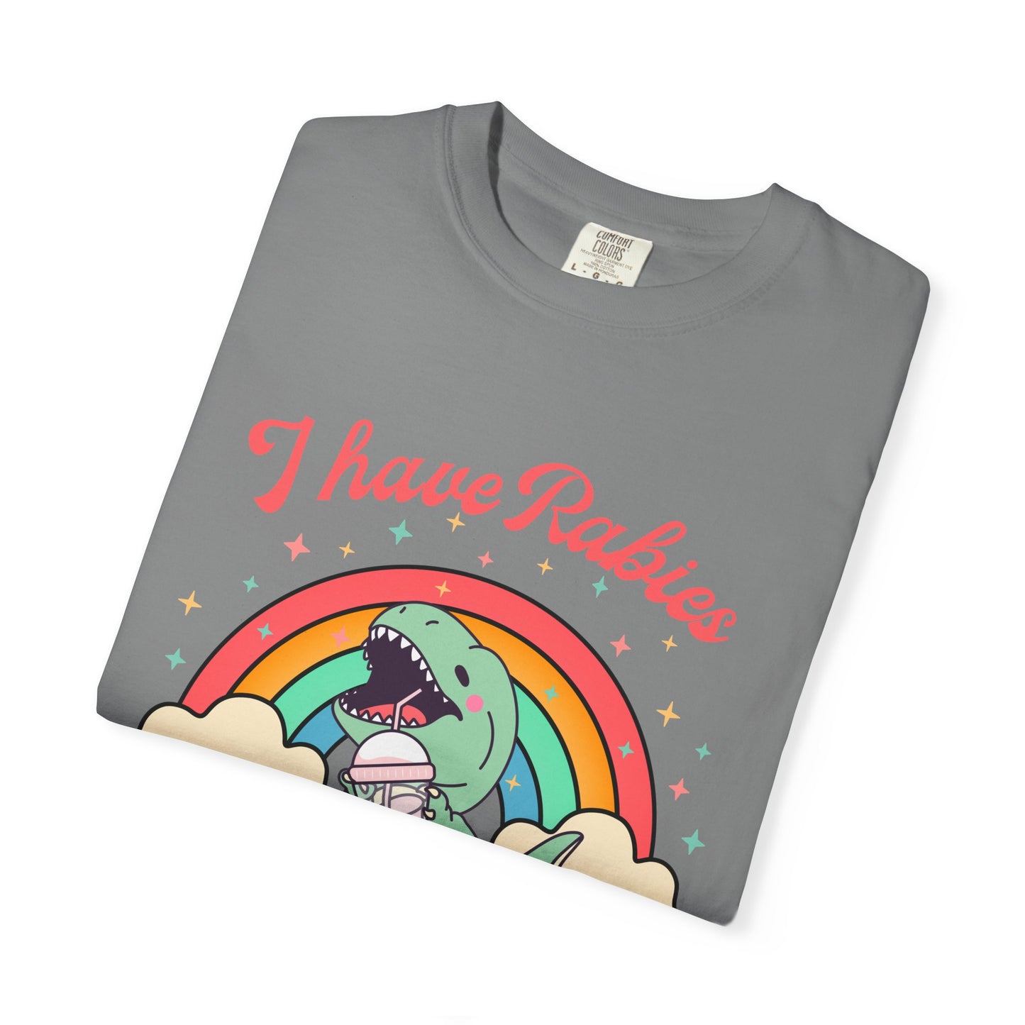 I Have Rabies Dinosaur T-Shirt — Cute Rainbow Dino Holding Vaccine Shot