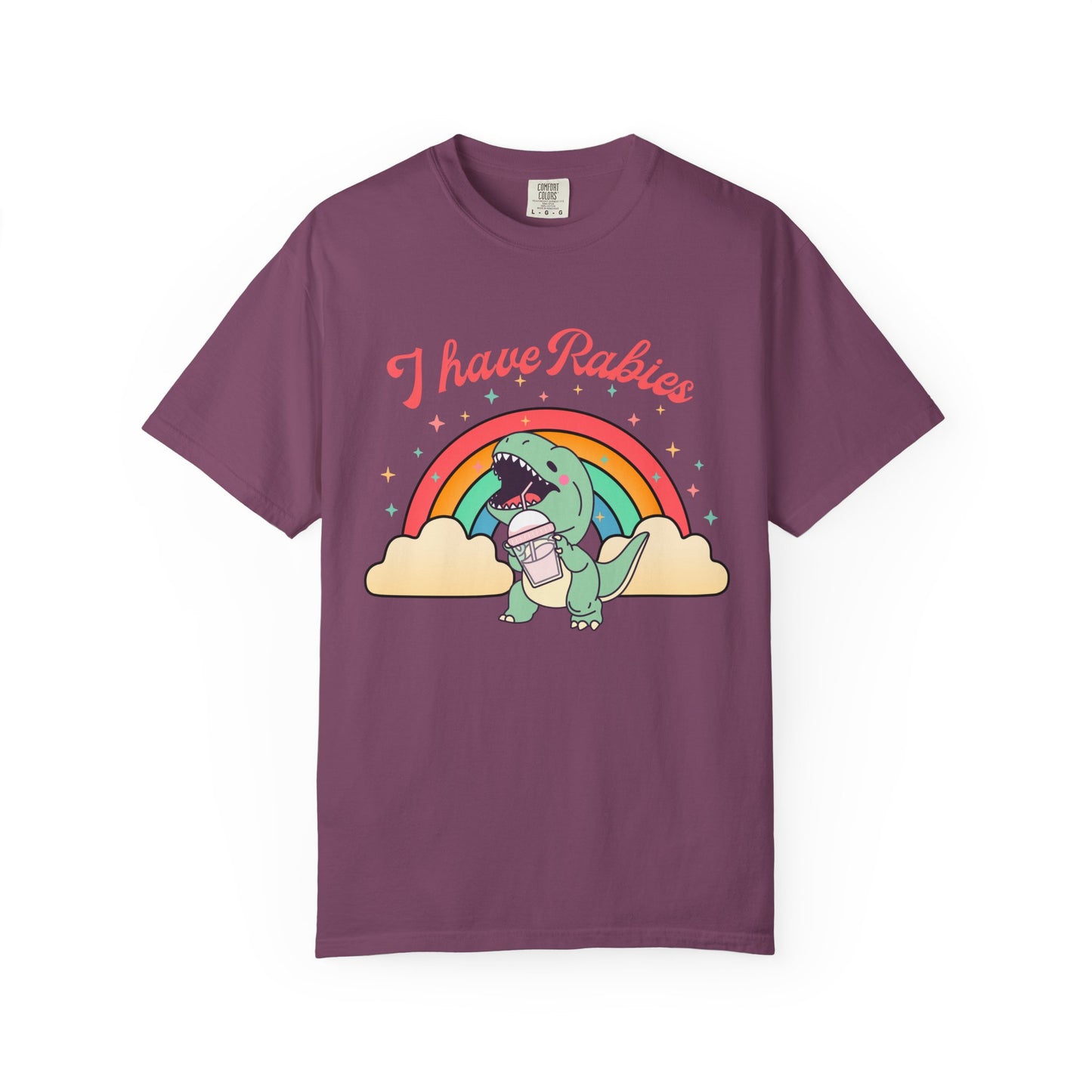 I Have Rabies Dinosaur T-Shirt — Cute Rainbow Dino Holding Vaccine Shot