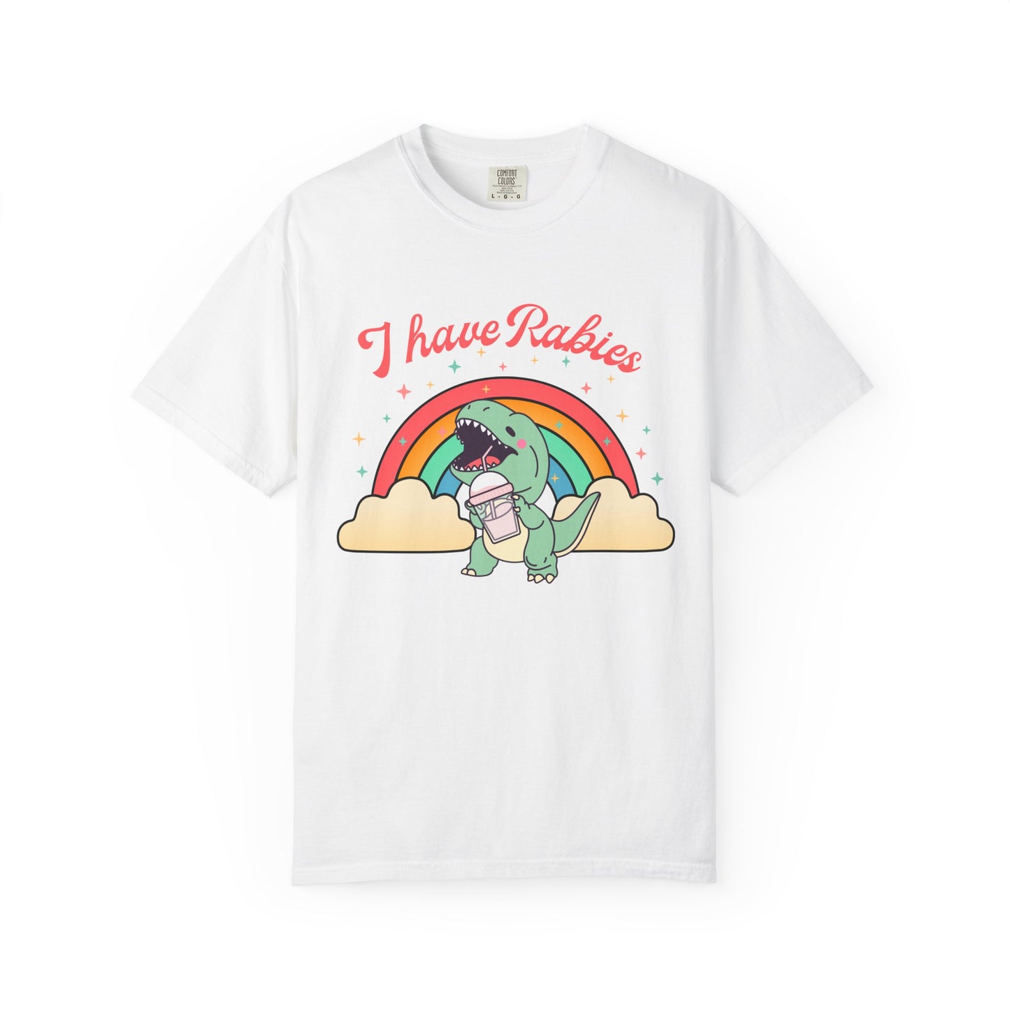 I Have Rabies Dinosaur T-Shirt — Cute Rainbow Dino Holding Vaccine Shot
