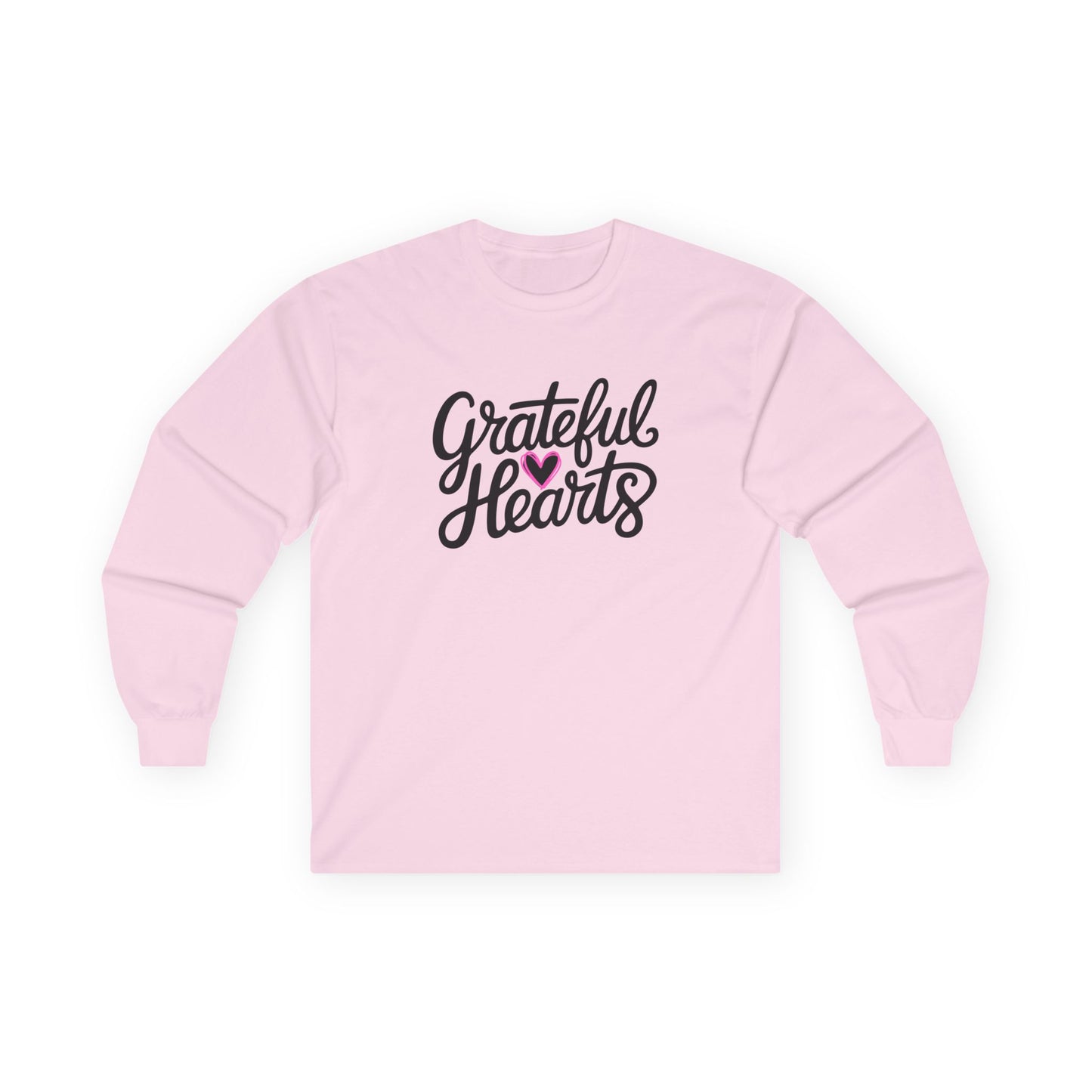 Grateful Hearts Long Sleeve Tee — Cozy Thankful Script Shirt