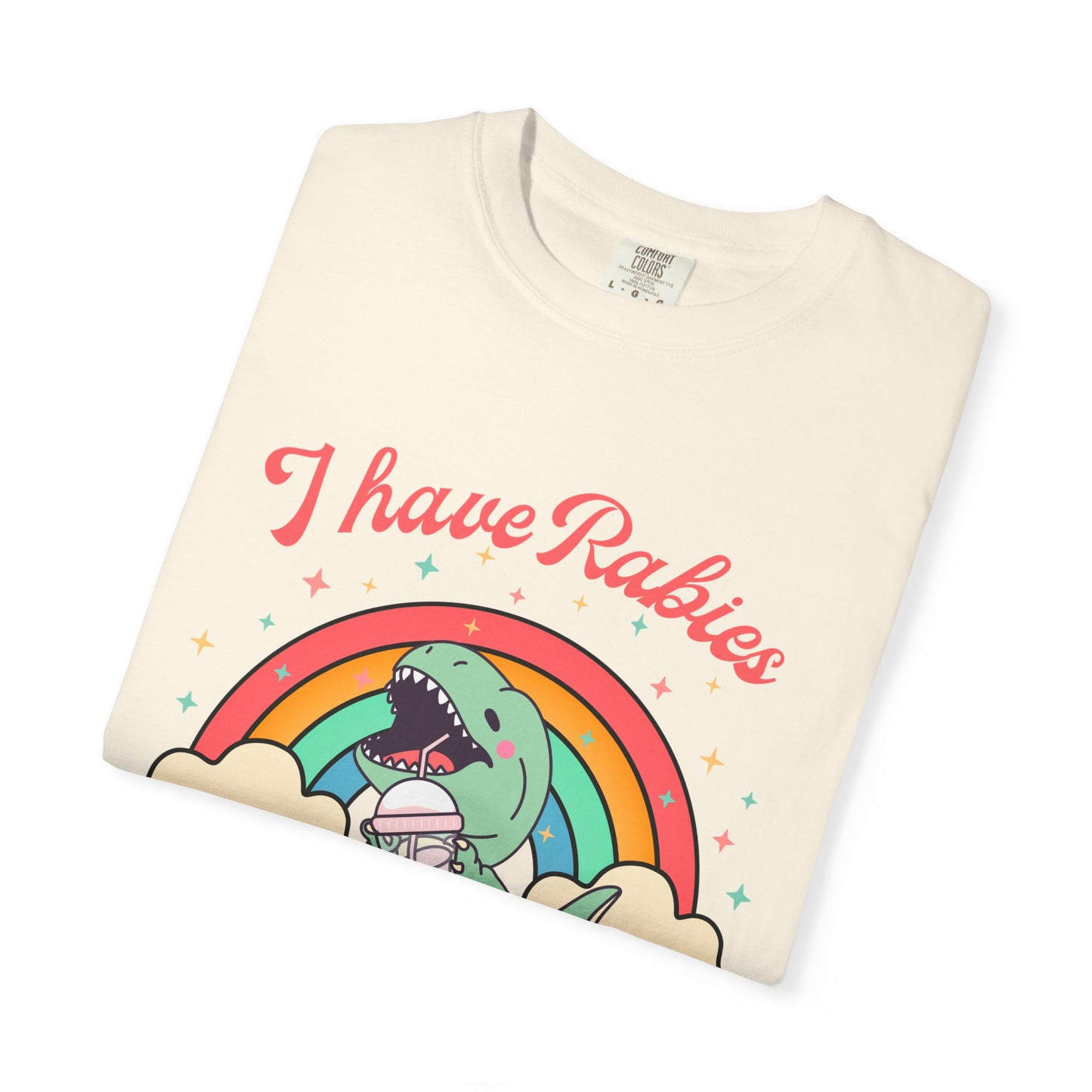 I Have Rabies Dinosaur T-Shirt — Cute Rainbow Dino Holding Vaccine Shot
