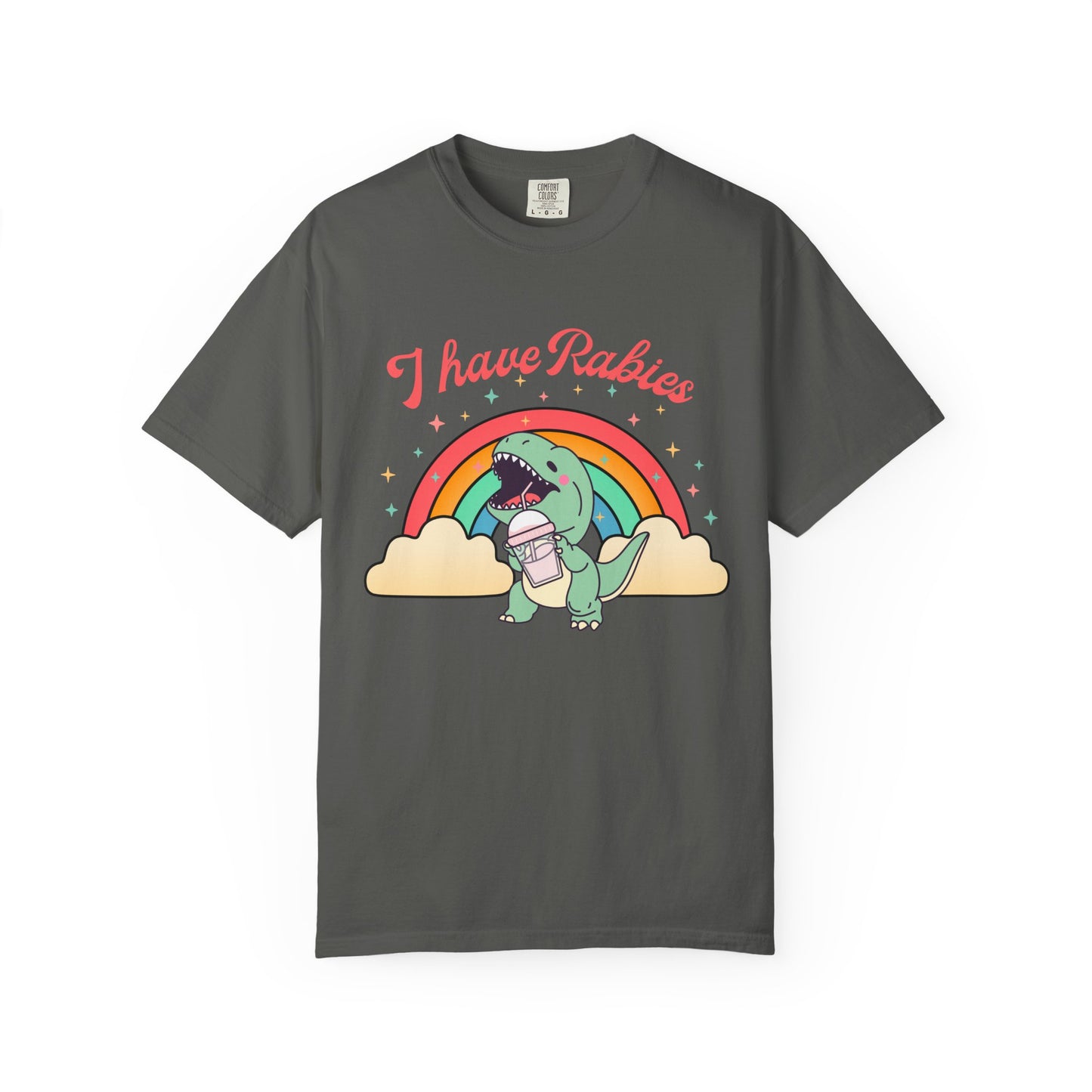 I Have Rabies Dinosaur T-Shirt — Cute Rainbow Dino Holding Vaccine Shot