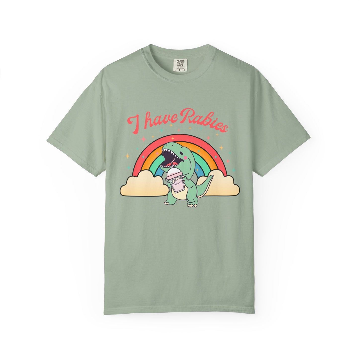 I Have Rabies Dinosaur T-Shirt — Cute Rainbow Dino Holding Vaccine Shot