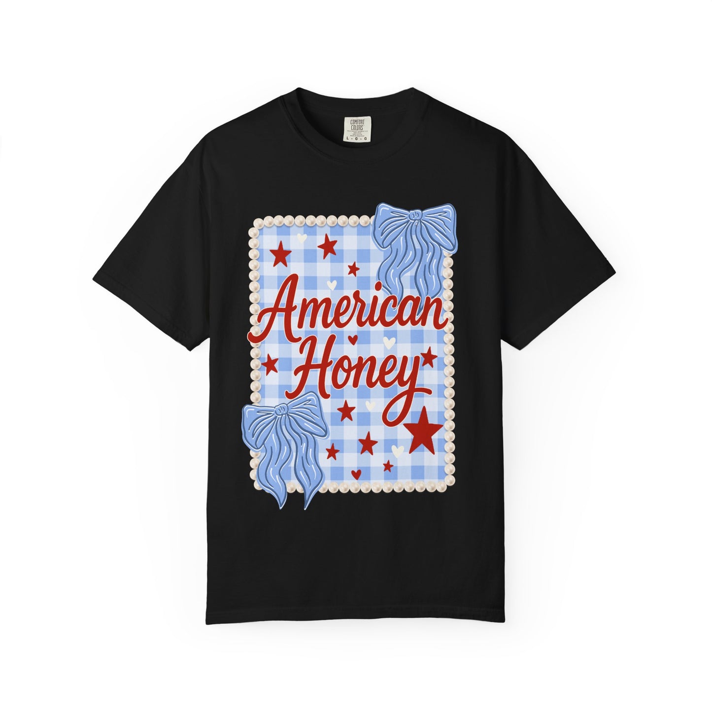 American Honey Graphic T-Shirt — Patriotic Blue Gingham Stars & Bows