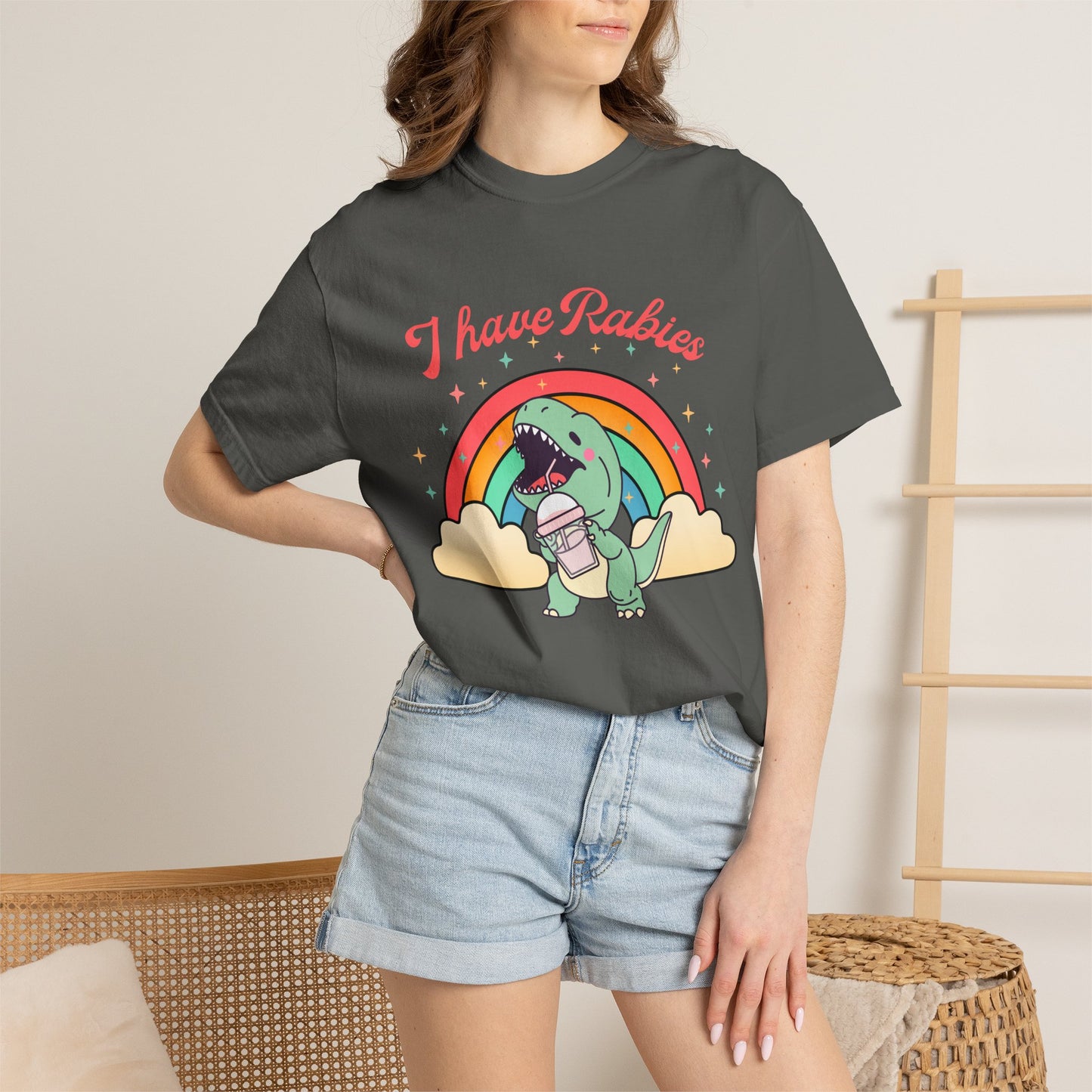 I Have Rabies Dinosaur T-Shirt — Cute Rainbow Dino Holding Vaccine Shot