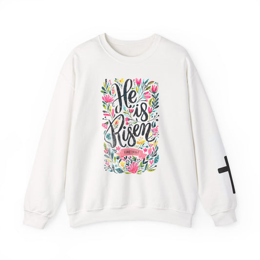 Easter Crewneck Sweatshirt — "He is Risen" Floral Christian Pullover