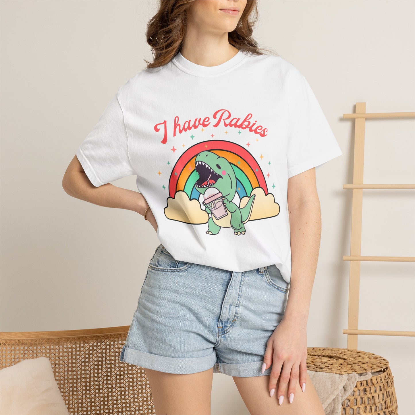I Have Rabies Dinosaur T-Shirt — Cute Rainbow Dino Holding Vaccine Shot
