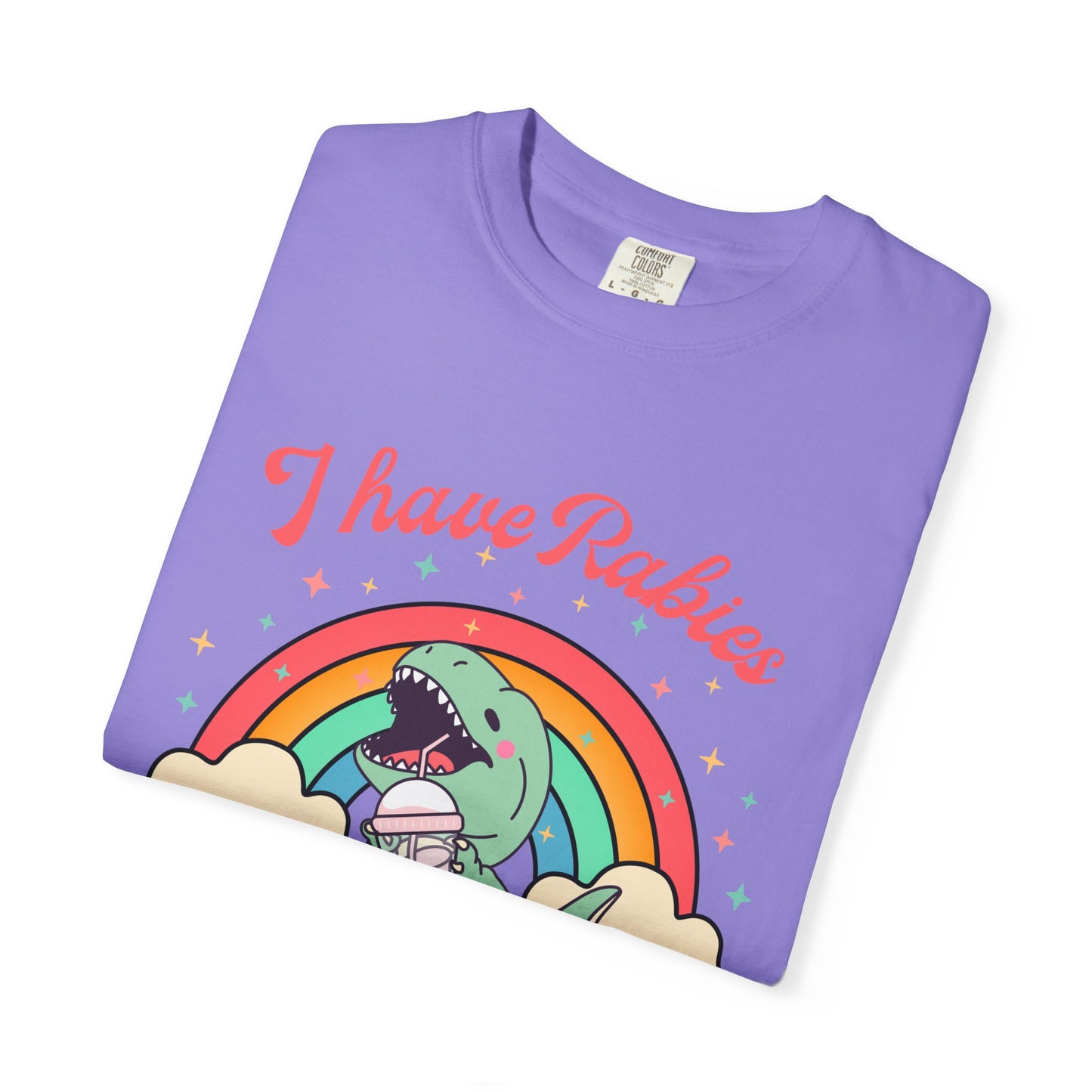 I Have Rabies Dinosaur T-Shirt — Cute Rainbow Dino Holding Vaccine Shot