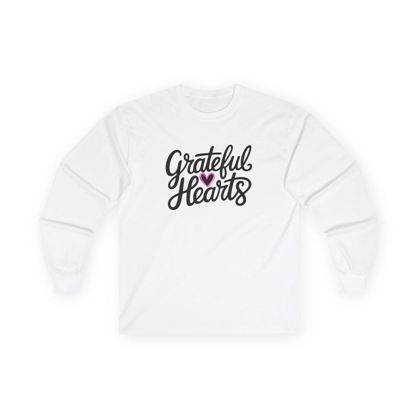 Grateful Hearts Long Sleeve Tee — Cozy Thankful Script Shirt