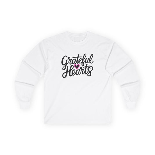 Grateful Hearts Long Sleeve Tee — Cozy Thankful Script Shirt
