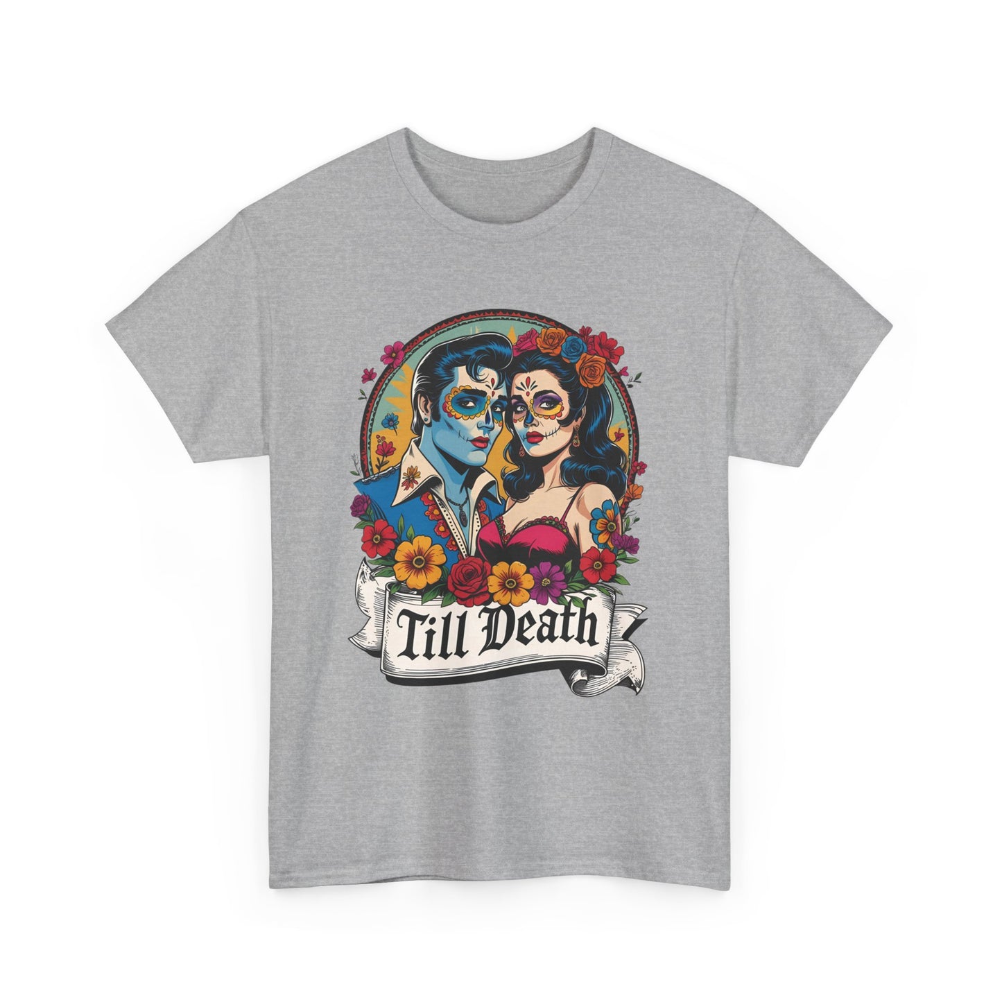 Till Death Unisex Heavy Cotton Tee, Casual Graphic T-Shirt, Gothic Style Shirt, Couples Gift, Halloween Apparel, Everyday Wear