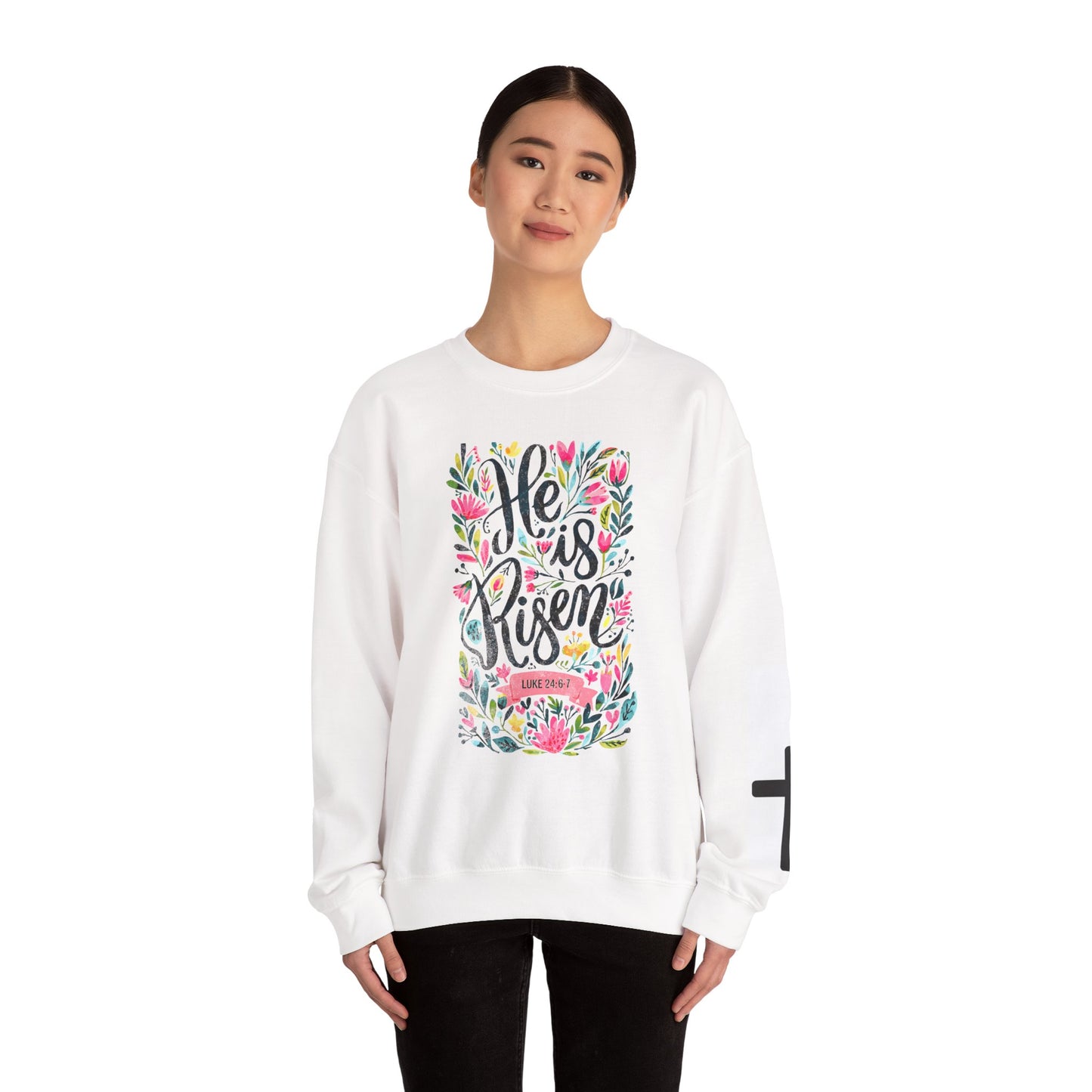 Easter Crewneck Sweatshirt — "He is Risen" Floral Christian Pullover