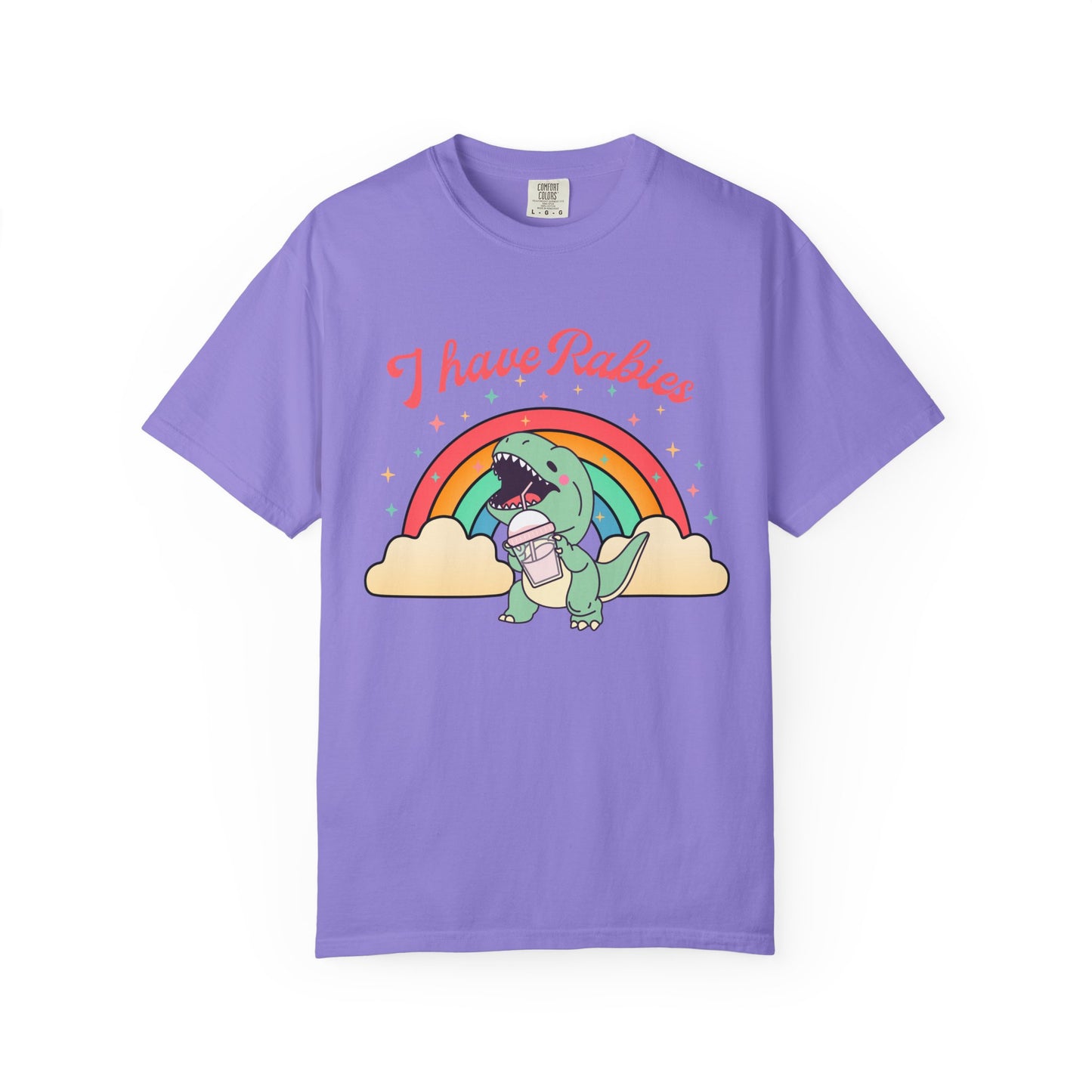 I Have Rabies Dinosaur T-Shirt — Cute Rainbow Dino Holding Vaccine Shot