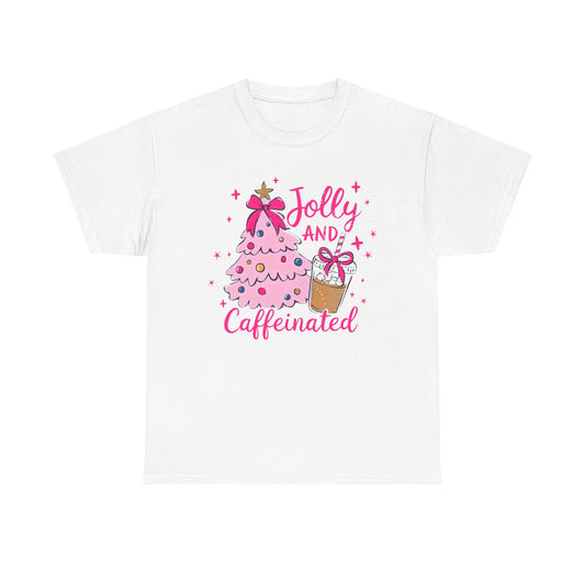 Jolly & Caffeinated Tee, Christmas Gift, Holiday Shirt, Festive Apparel, Unisex Cotton Tee, Fun Holiday Style
