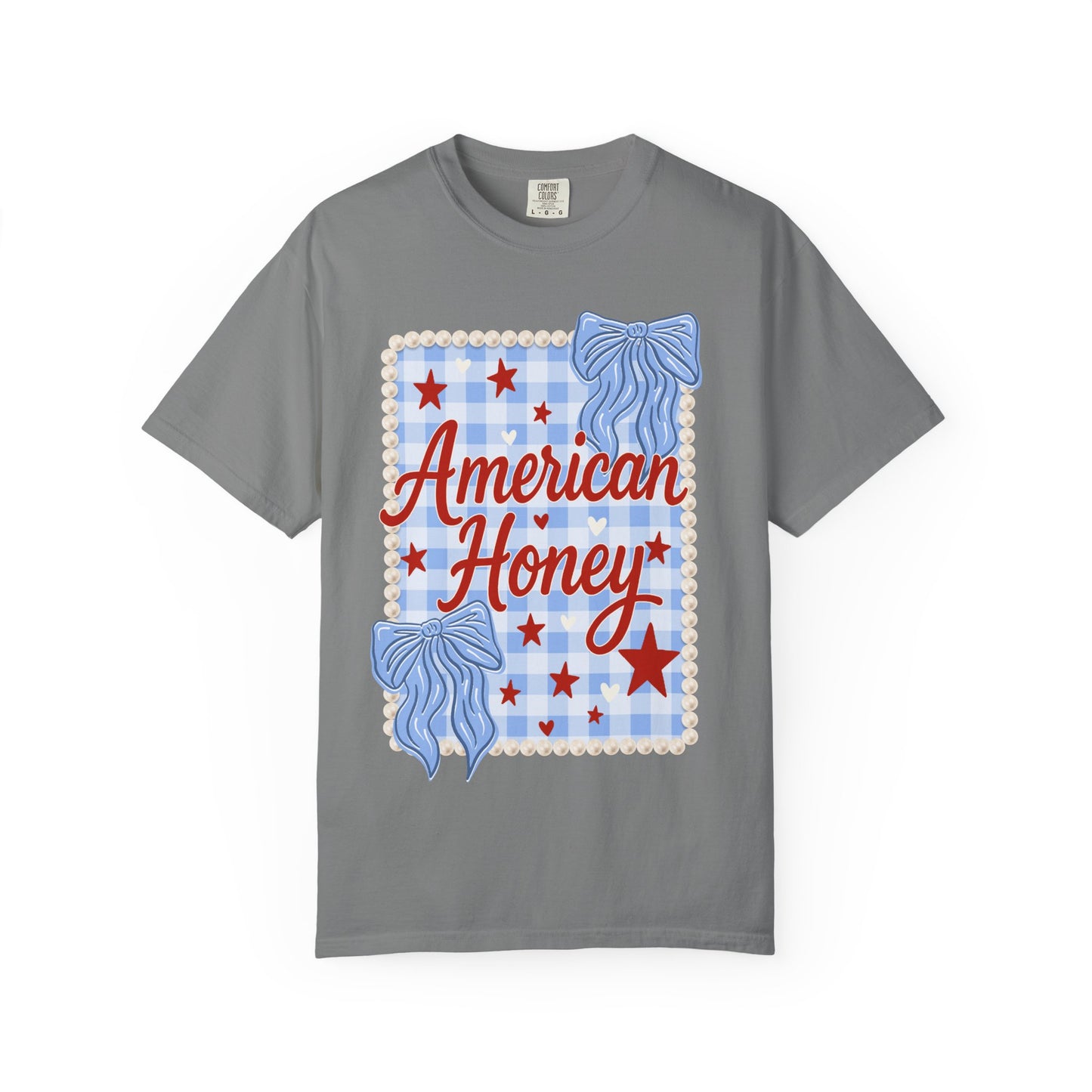 American Honey Graphic T-Shirt — Patriotic Blue Gingham Stars & Bows