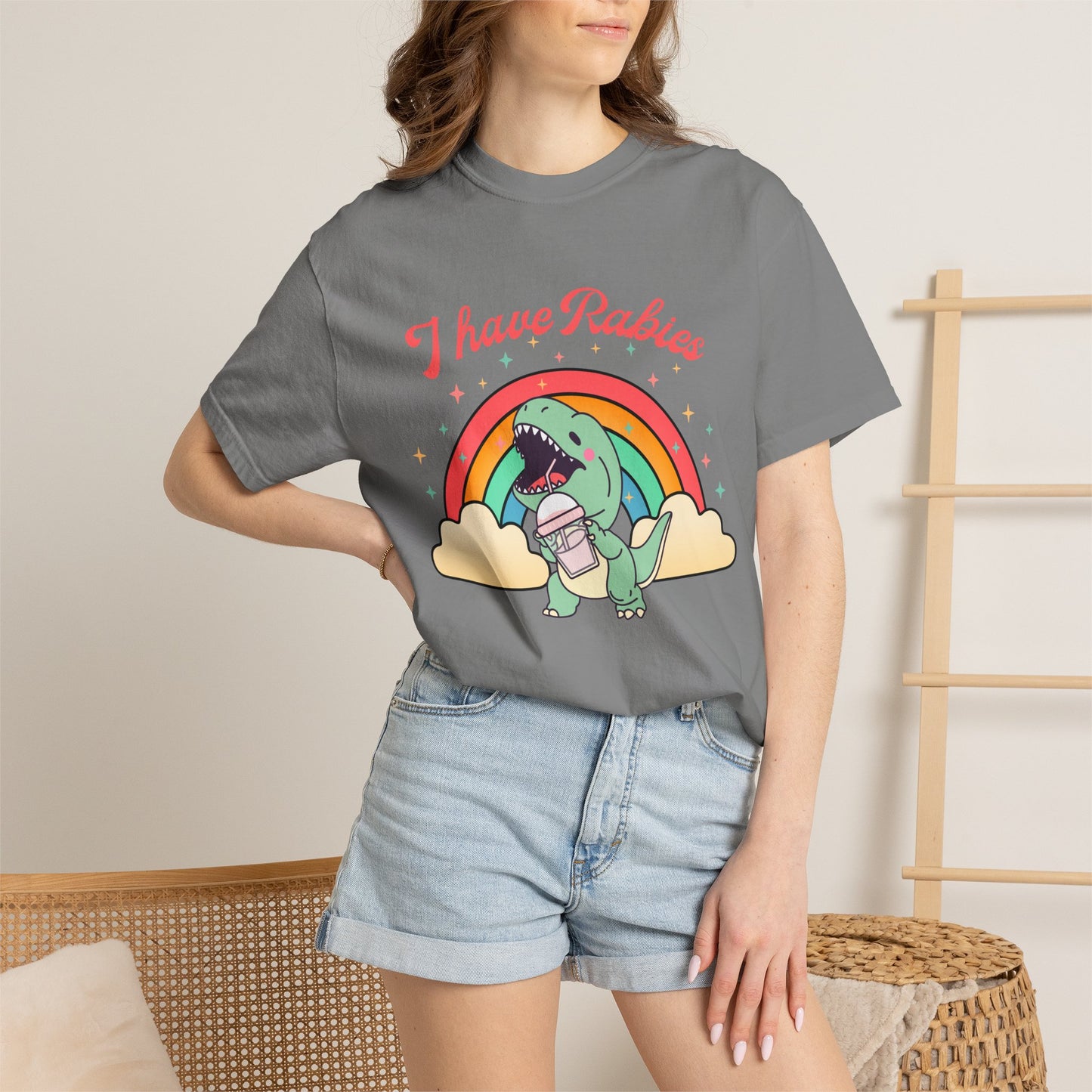 I Have Rabies Dinosaur T-Shirt — Cute Rainbow Dino Holding Vaccine Shot