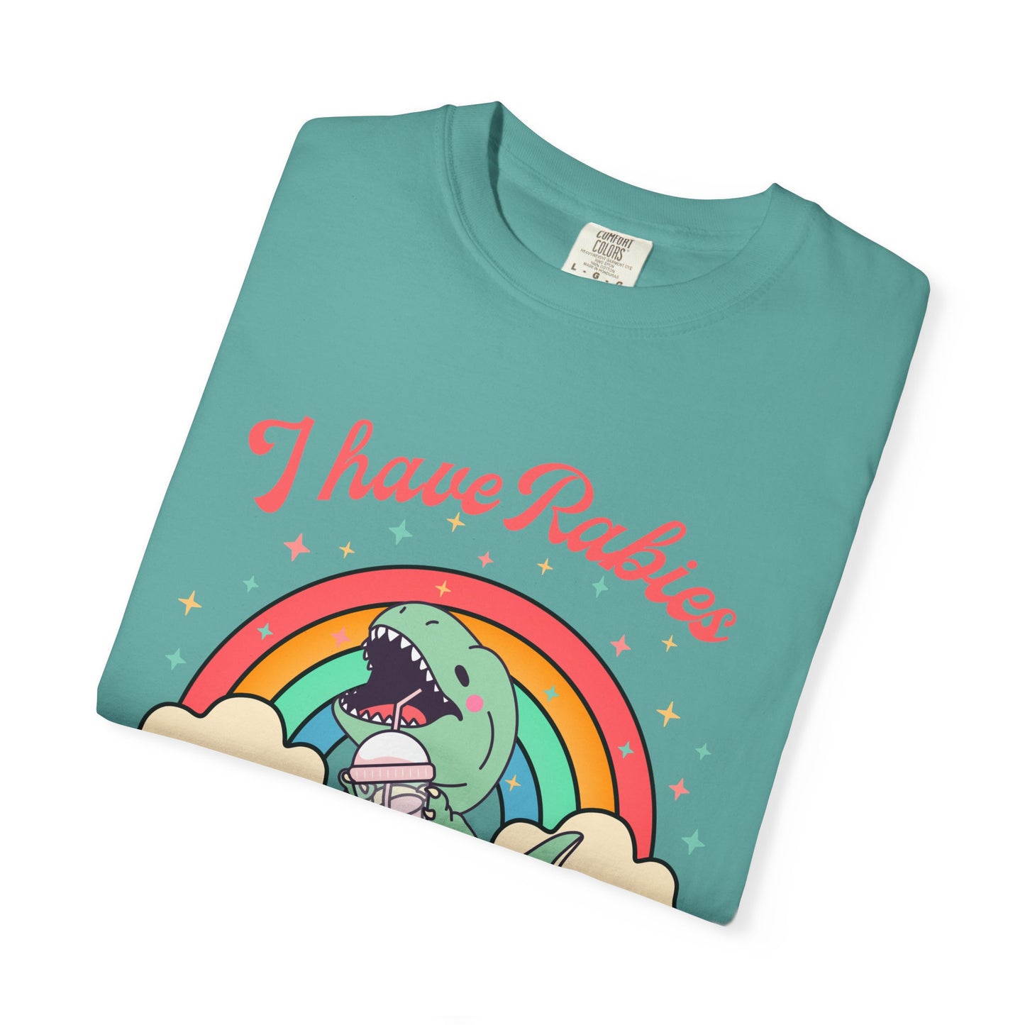 I Have Rabies Dinosaur T-Shirt — Cute Rainbow Dino Holding Vaccine Shot