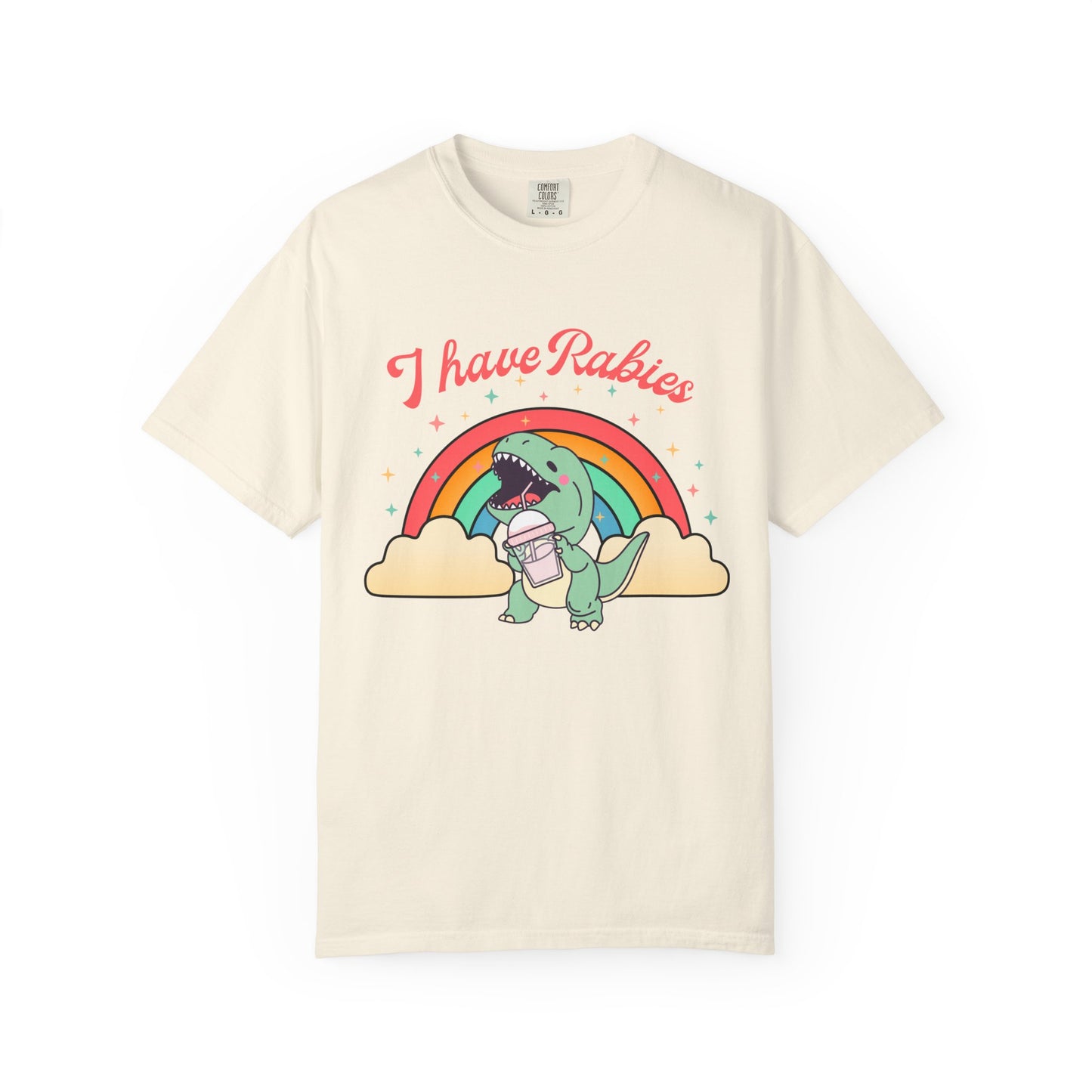I Have Rabies Dinosaur T-Shirt — Cute Rainbow Dino Holding Vaccine Shot