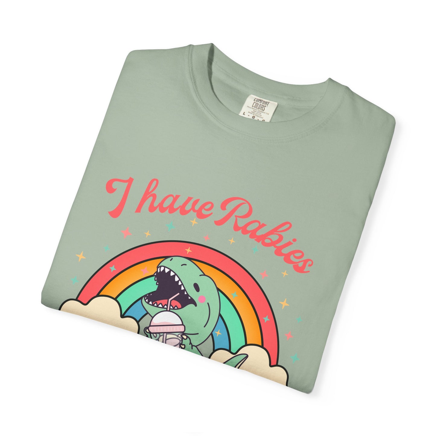 I Have Rabies Dinosaur T-Shirt — Cute Rainbow Dino Holding Vaccine Shot
