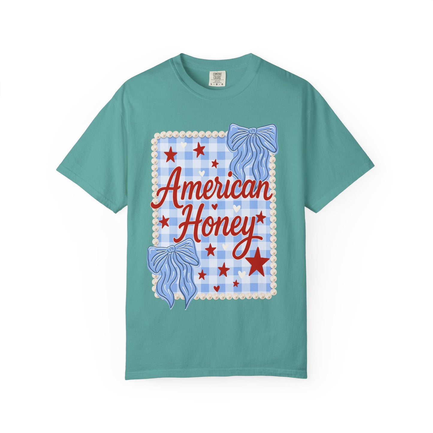 American Honey Graphic T-Shirt — Patriotic Blue Gingham Stars & Bows