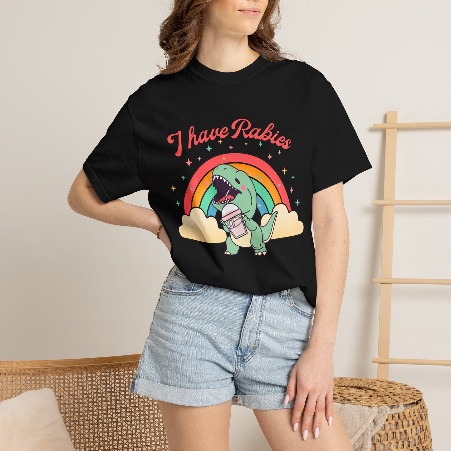 I Have Rabies Dinosaur T-Shirt — Cute Rainbow Dino Holding Vaccine Shot