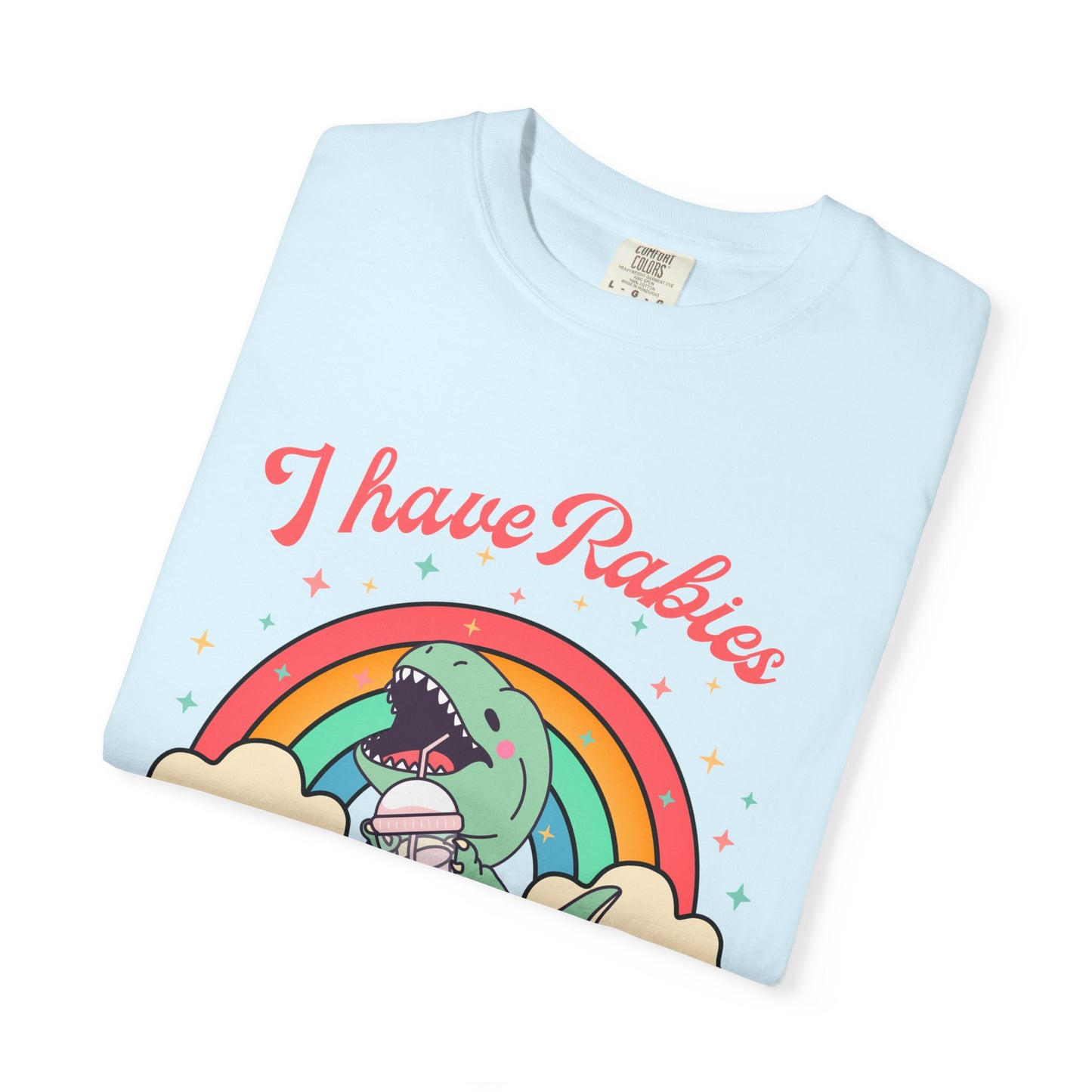I Have Rabies Dinosaur T-Shirt — Cute Rainbow Dino Holding Vaccine Shot