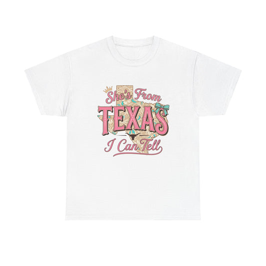 Texas I Can Tell T-Shirt - Retro Pink "She's From Texas" Graphic Tee