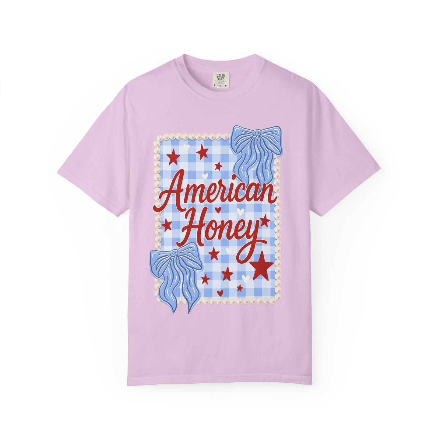 American Honey Graphic T-Shirt — Patriotic Blue Gingham Stars & Bows