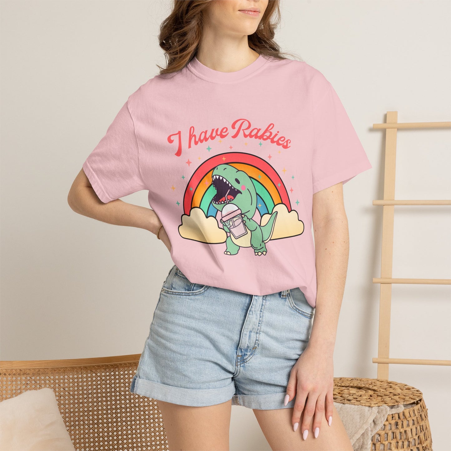 I Have Rabies Dinosaur T-Shirt — Cute Rainbow Dino Holding Vaccine Shot