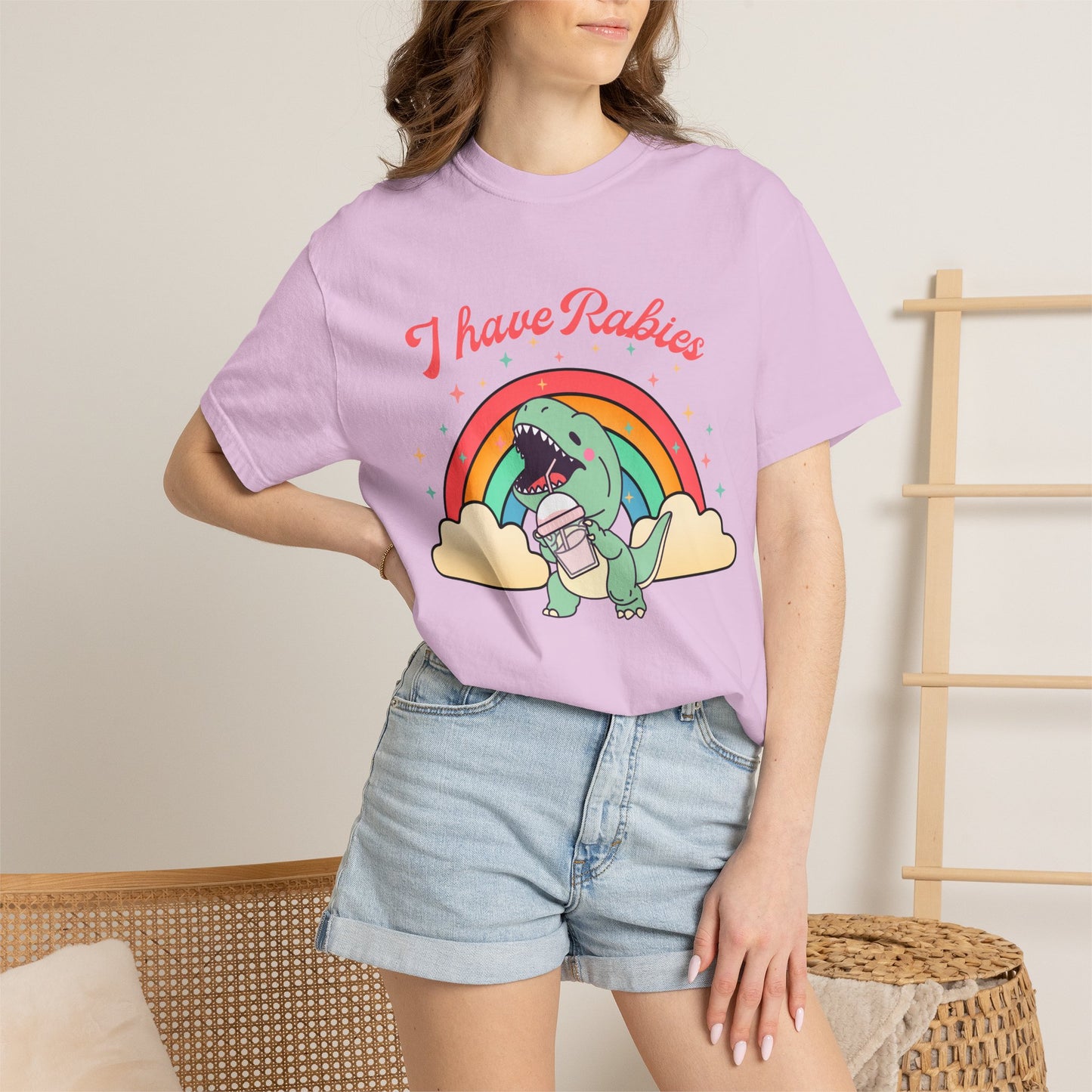 I Have Rabies Dinosaur T-Shirt — Cute Rainbow Dino Holding Vaccine Shot
