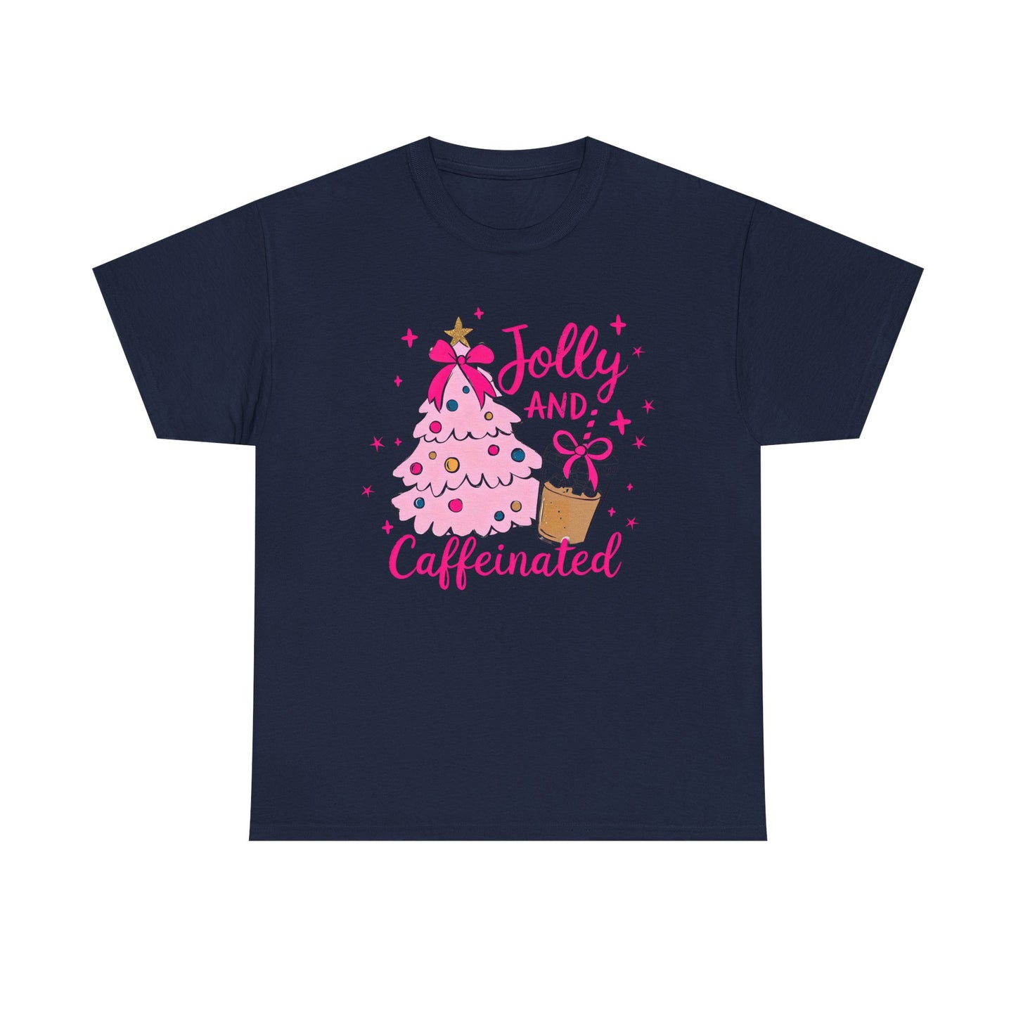 Jolly & Caffeinated Tee, Christmas Gift, Holiday Shirt, Festive Apparel, Unisex Cotton Tee, Fun Holiday Style