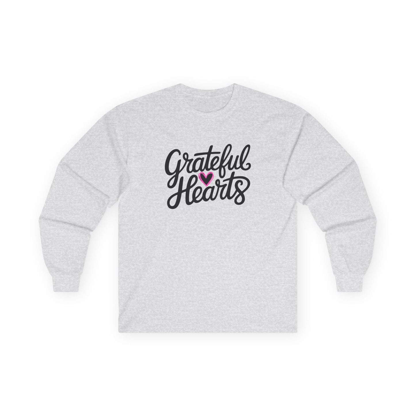 Grateful Hearts Long Sleeve Tee — Cozy Thankful Script Shirt