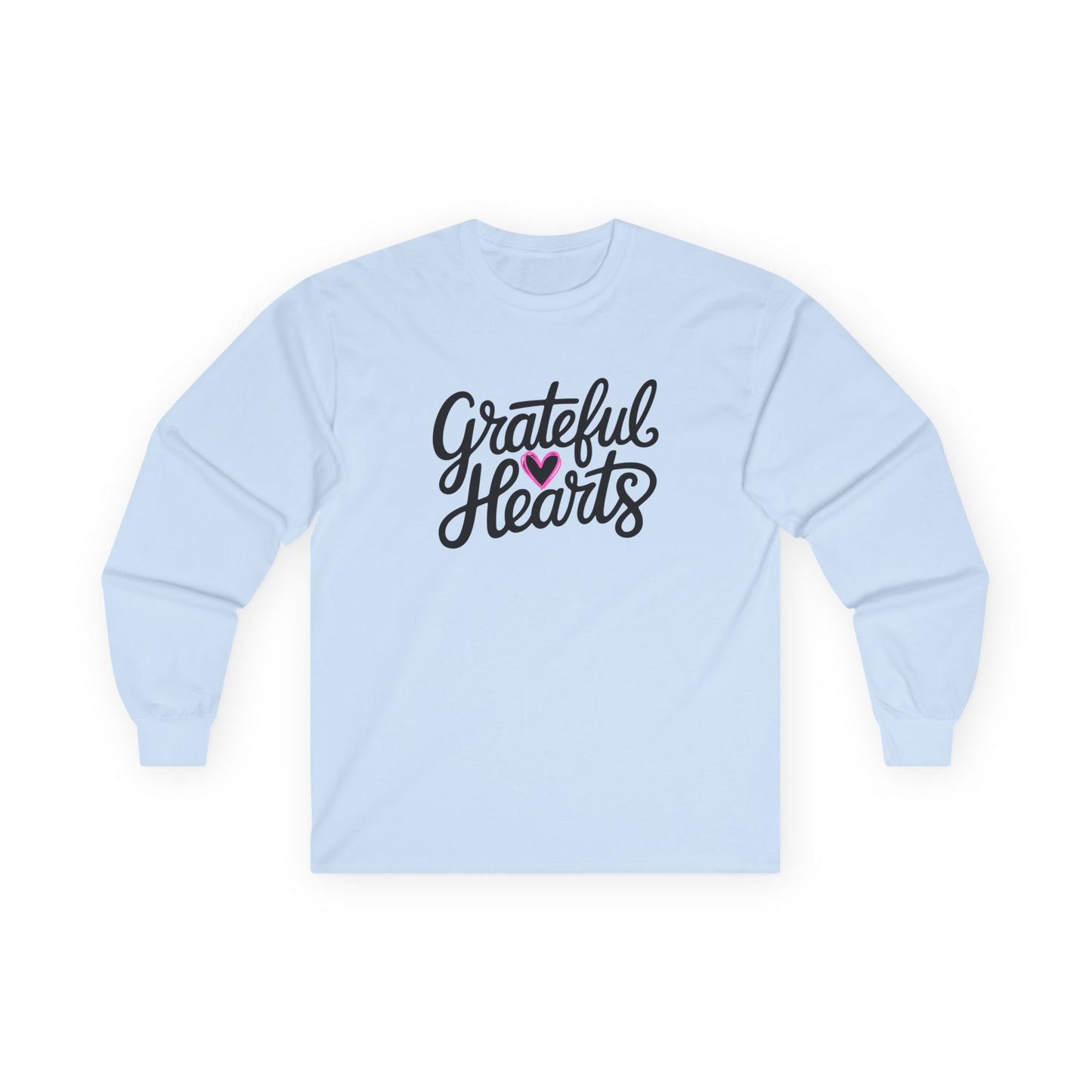 Grateful Hearts Long Sleeve Tee — Cozy Thankful Script Shirt