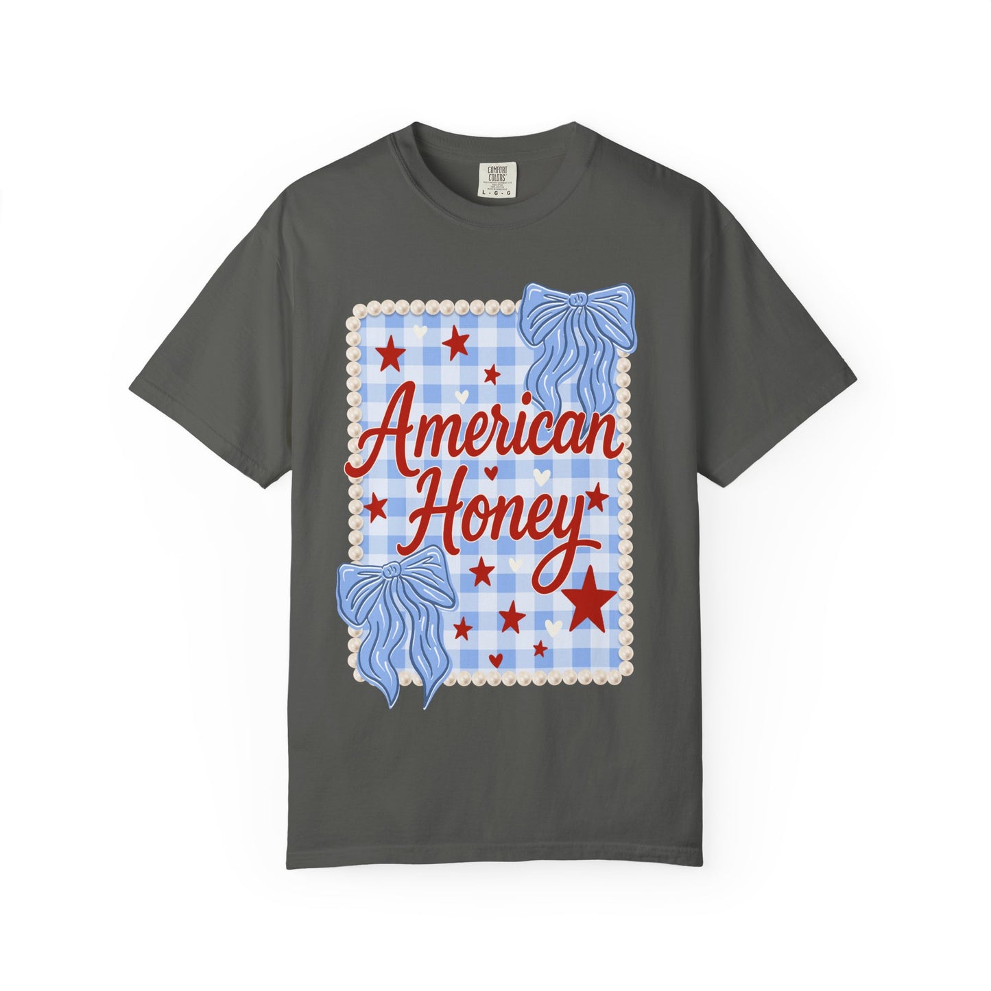 American Honey Graphic T-Shirt — Patriotic Blue Gingham Stars & Bows