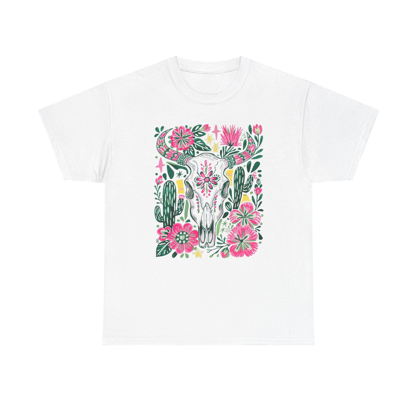 Floral Southwest Skull Tee - Pink Cactus & Wildflower Graphic Shirt