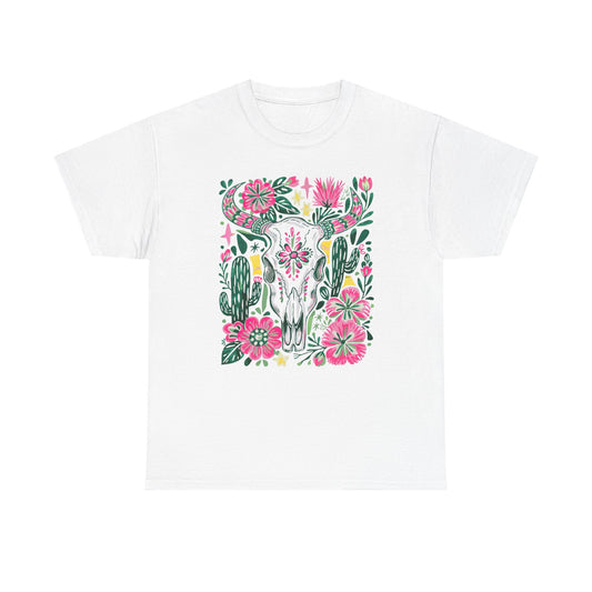 Floral Southwest Skull Tee - Pink Cactus & Wildflower Graphic Shirt