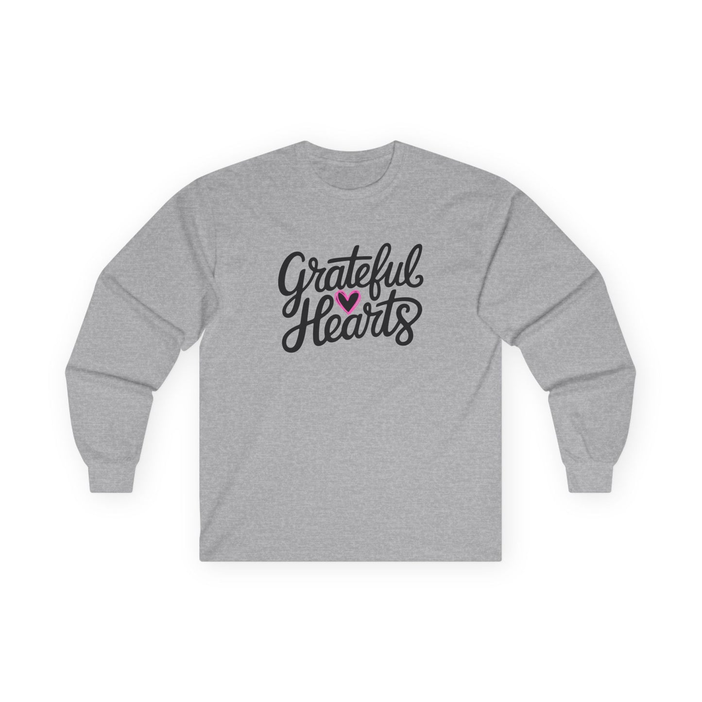 Grateful Hearts Long Sleeve Tee — Cozy Thankful Script Shirt