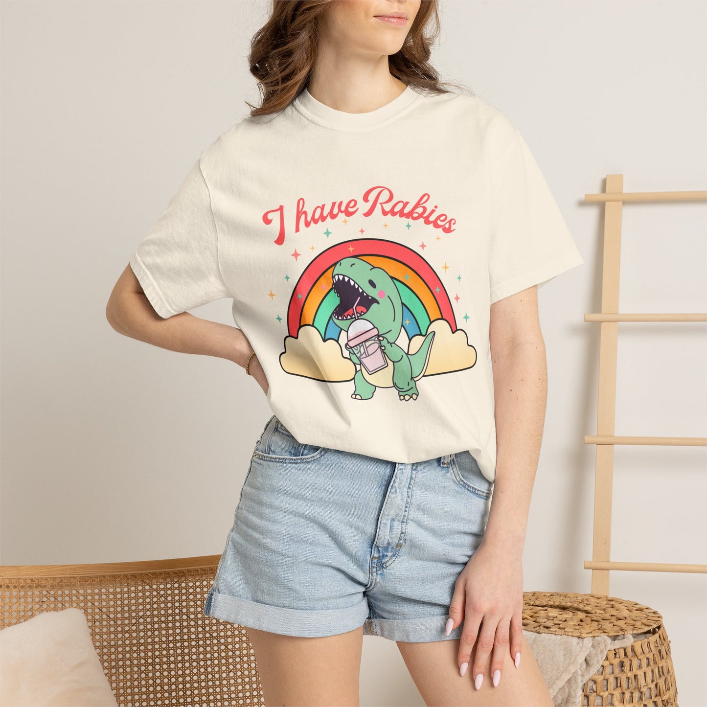 I Have Rabies Dinosaur T-Shirt — Cute Rainbow Dino Holding Vaccine Shot