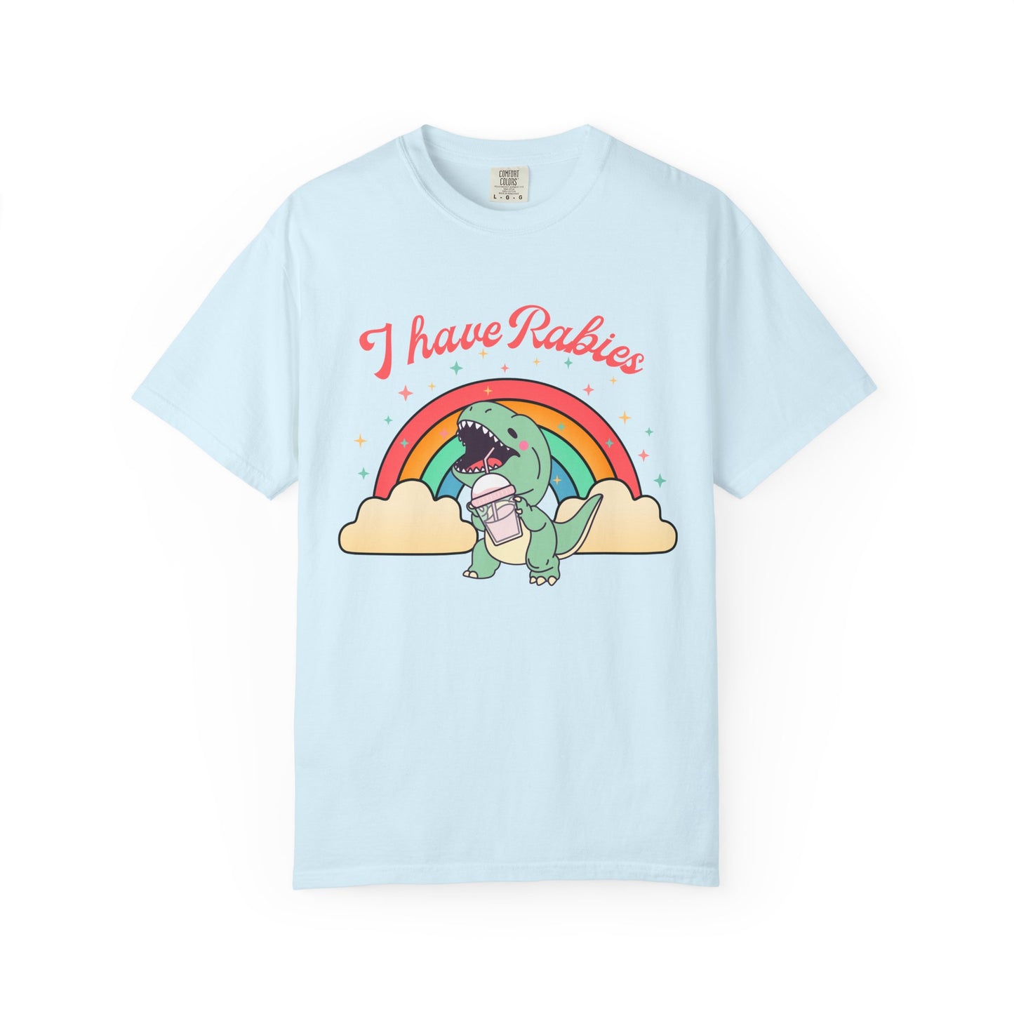I Have Rabies Dinosaur T-Shirt — Cute Rainbow Dino Holding Vaccine Shot