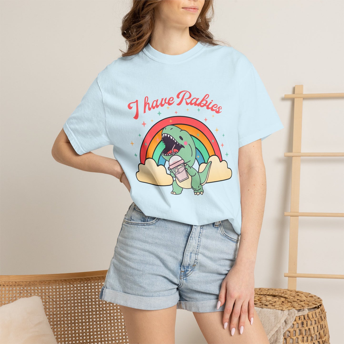 I Have Rabies Dinosaur T-Shirt — Cute Rainbow Dino Holding Vaccine Shot