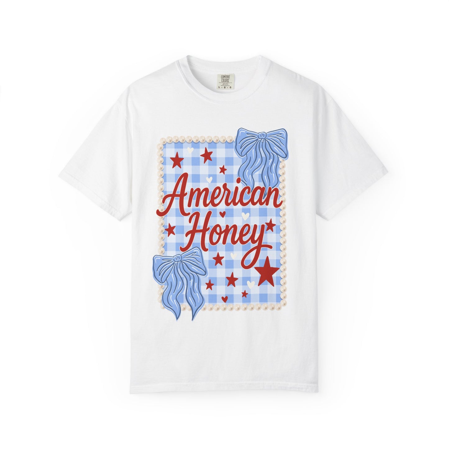 American Honey Graphic T-Shirt — Patriotic Blue Gingham Stars & Bows