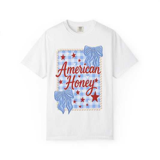 American Honey Graphic T-Shirt — Patriotic Blue Gingham Stars & Bows