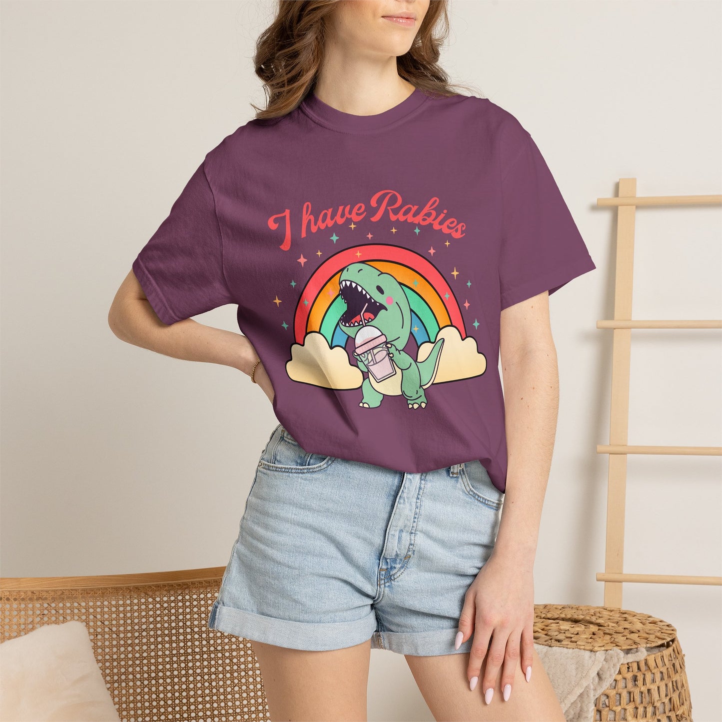 I Have Rabies Dinosaur T-Shirt — Cute Rainbow Dino Holding Vaccine Shot