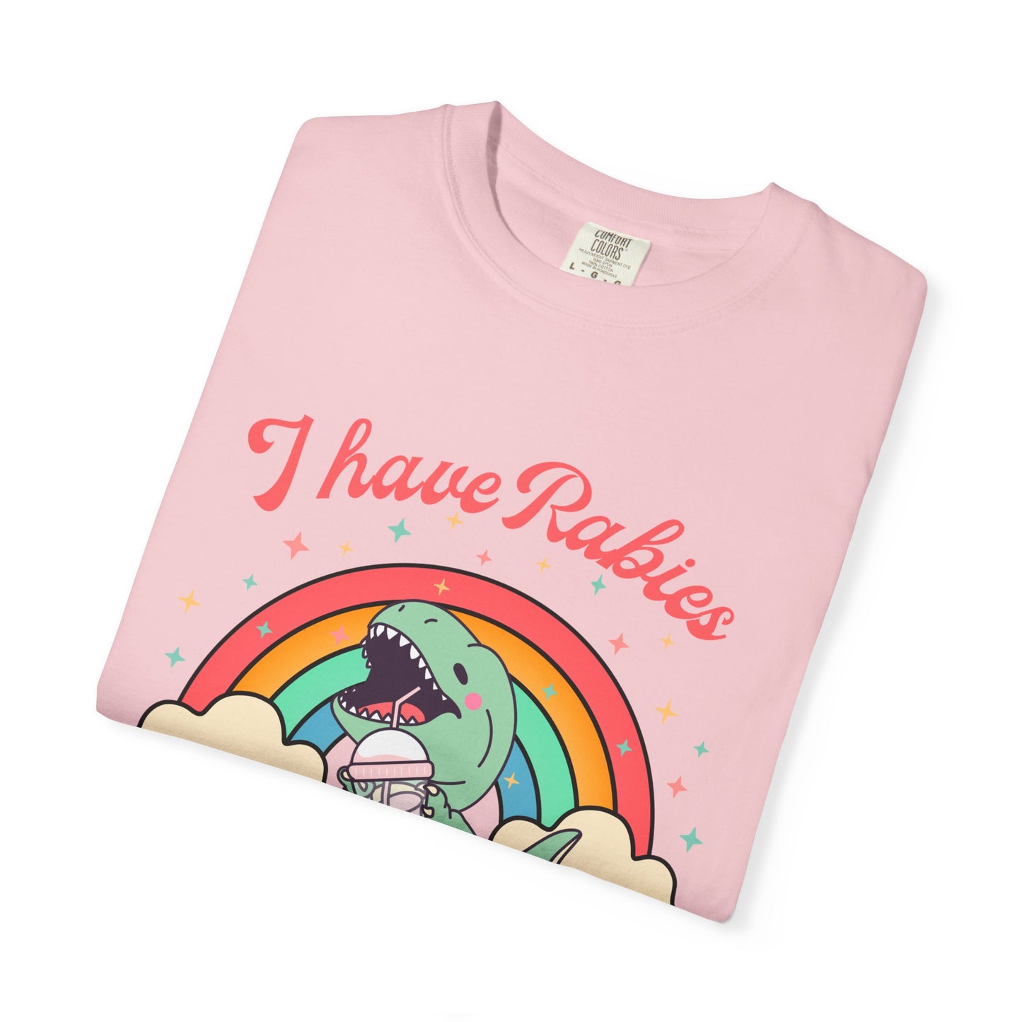 I Have Rabies Dinosaur T-Shirt — Cute Rainbow Dino Holding Vaccine Shot