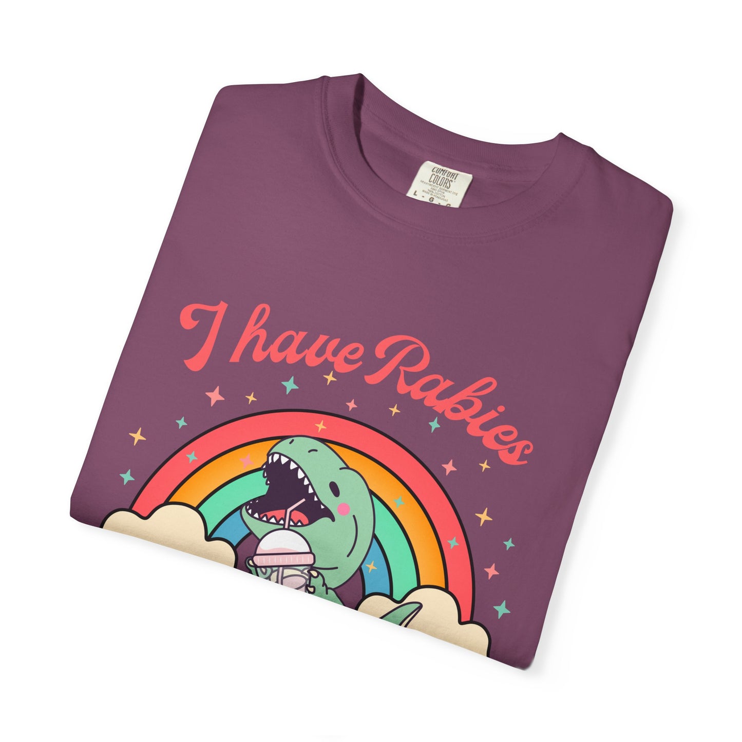 I Have Rabies Dinosaur T-Shirt — Cute Rainbow Dino Holding Vaccine Shot